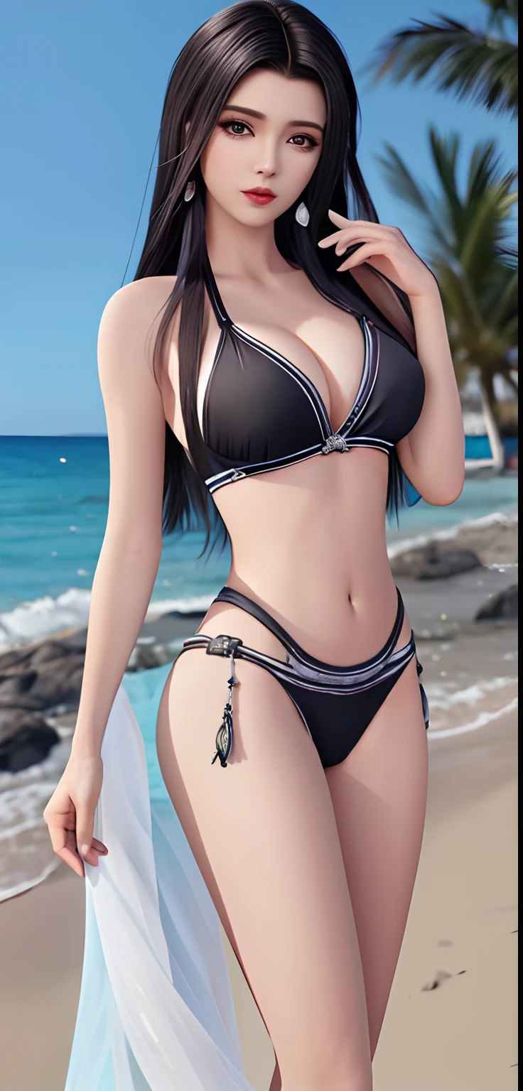 mulher arafed com cabelo longo e um top preto em uma praia, IMVU, cabelos loiro claro da cintura longa, close up tiro de meio corpo, cintura - tiro, lblsck cabelo, cintura cabelo comprido, Avatar do Second Life, Realistic bikini, detailed blurry hair, Close-up de corpo inteiro realista 8k , tinyest midriff ever, Segunda vida