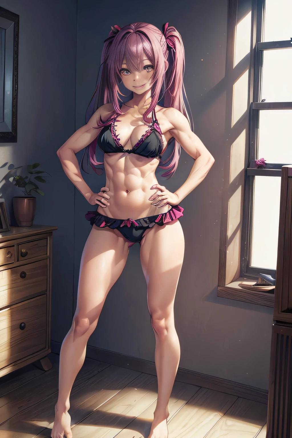 (((medium breasts))), beautiful and cute lady, wearing only a black mini bikini, ((long, long shiny magenta hair)), pigtails, smiling, in the bedroom,, (small waist), 8k, (((Ichika Amasawa))), red ribbons in his hair, yellow eyes, good anatomy, perfect hands, (((perfect, muscular legs)) ) , ((thick thighs)), slim waist, muscular abdomen, standing , barefoot, full body photo, (((facing me with hands on hips))), ultra quality