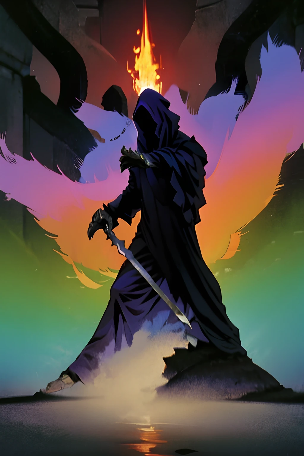 nazgul,4k absurdres, masterpiece, evangelion anime style, sword, vintage glitch vhs, cloaked figure in purple fire