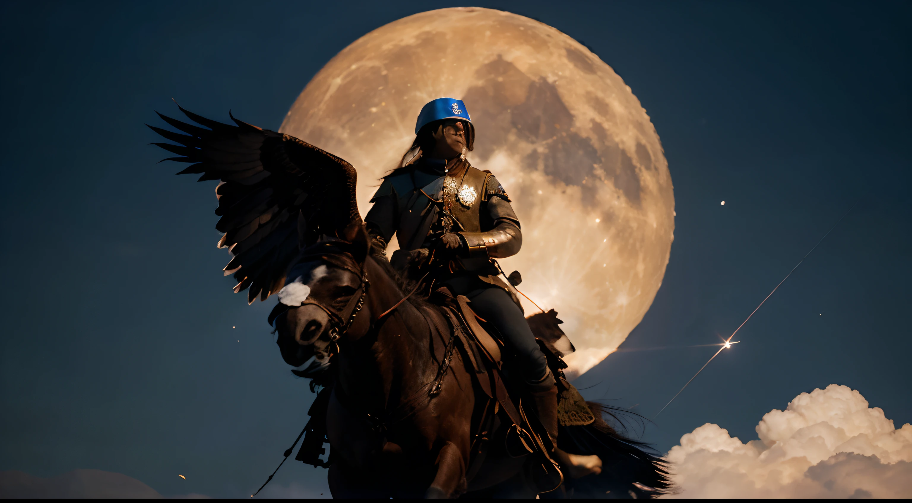 George Washington riding a cyborg bald eagle to the moon, while protecting the USA from evil communists and terrorists. (best quality,4k,highres,masterpiece:1.2),ultra-detailed,(realistic,photo-realistic:1.37),HDR,UHD,studio lighting,extremely detailed eagle feathers,professional,vivid colors,bokeh,revolutionary portraits,cosmic landscape,glorious sunrise,heroic atmosphere,moonlit silhouette cinematic,dramatic shadows.