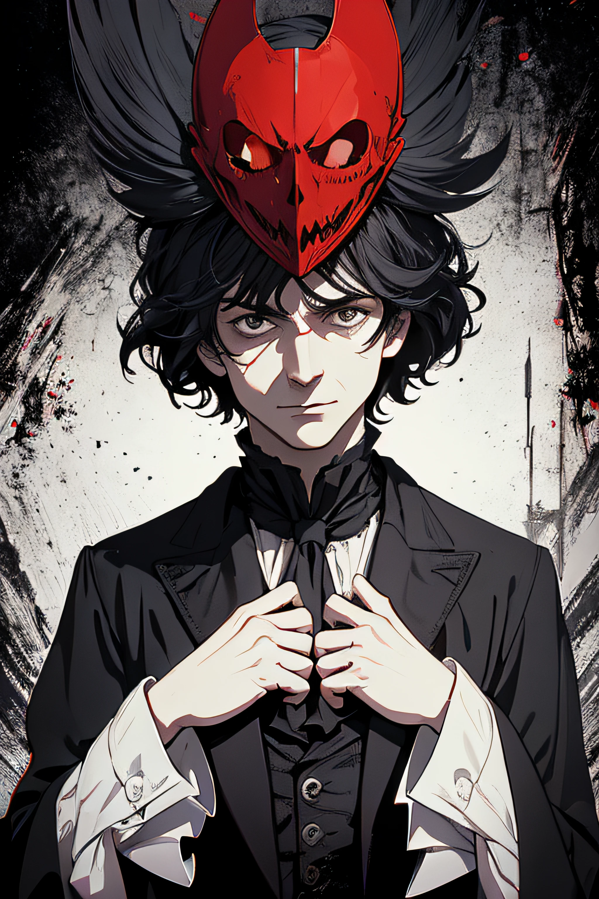 (Masterpiece, Best Quality), 8k Wallpaper, highly detailed, poster, Edgar Allan Poe, gothic, raven, mask of red death, Rue Morgue, horror thriller cinematic movie poster, Bauhaus, shapes, lines, abstract, propaganda, movie poster, vintage, double exposure.