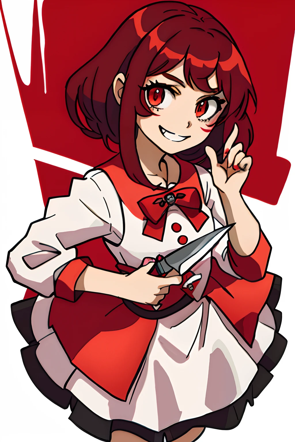 anime girl in a red and white dress with a red bow, yandere. tall, anime moe artstyle, loli in dress, cute anime waifu in a nice dress, anime visual of a cute girl, yandere, small curvy loli, high quality anime artstyle, rin tohsaka, gapmoe yandere, an anime girl, (anime girl), Holding a knife, blood, happy, smiling, holding a knife in her hand, blood dripping from knife, blood on her clothes, licking a sharp knife with crazy look in her eyes, short brown hair, full body,