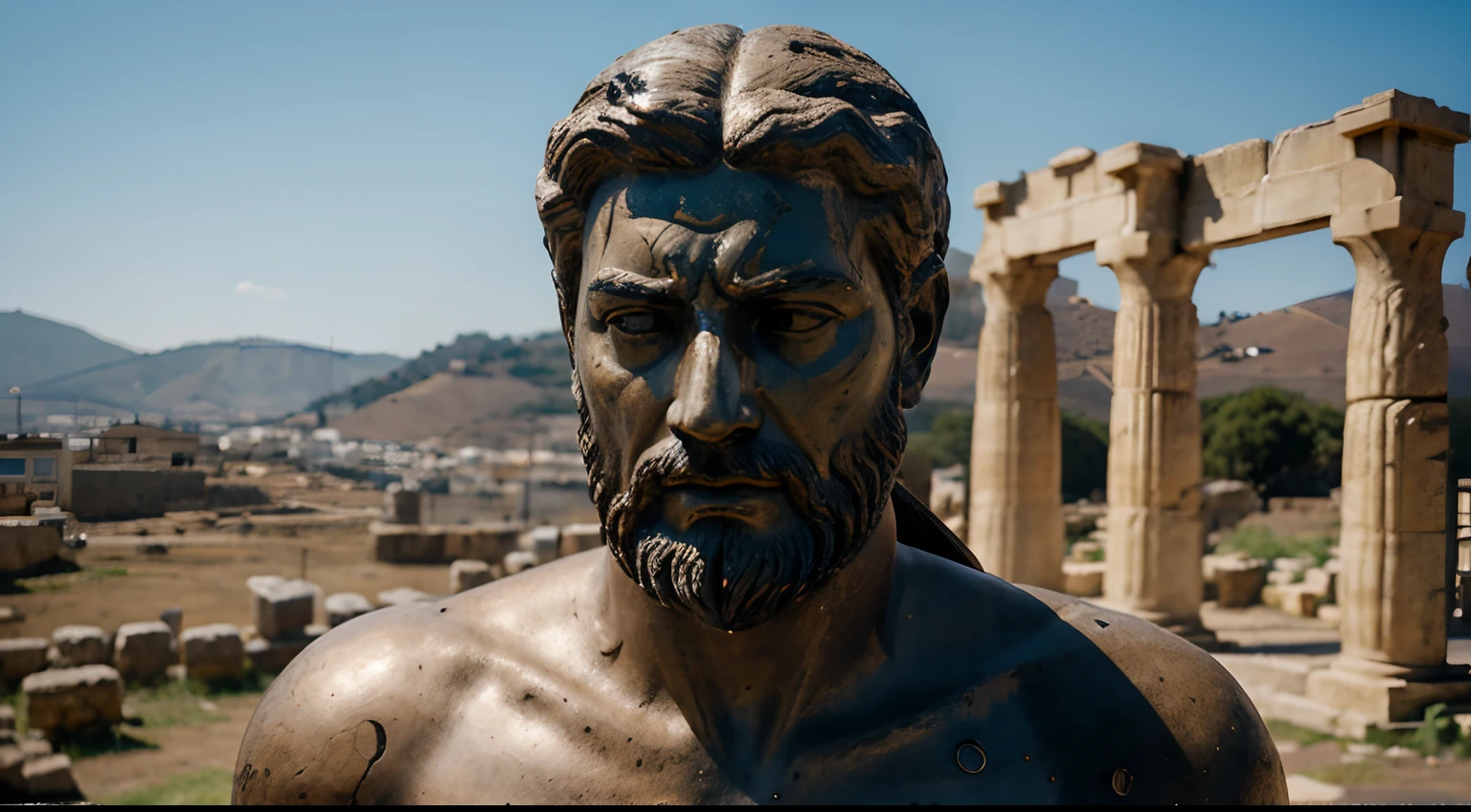 Ancient Stoic Statue With Very Angry Expression, tem barba, muitos detalhes em ambos os olhos, Outside, fundo atenas grego, open sky, com rosto extremamente detalhado full body view, Colors with low saturation with dark tone, Filmado em Sony A7S III com Sony FE 35mm f/1.8, 12.1 MP, --AR 3:2 --estilo cru