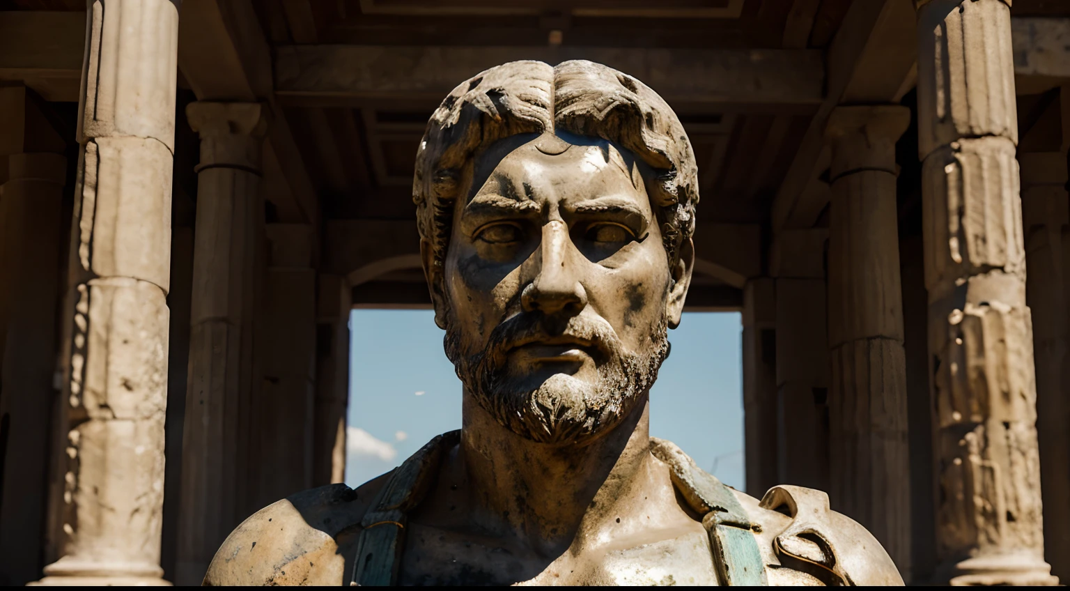 Ancient Stoic Statue With Very Angry Expression, tem barba, muitos detalhes em ambos os olhos, Outside, fundo atenas grego, open sky, com rosto extremamente detalhado full body view, Colors with low saturation with dark tone, Filmado em Sony A7S III com Sony FE 35mm f/1.8, 12.1 MP, --AR 3:2 --estilo cru