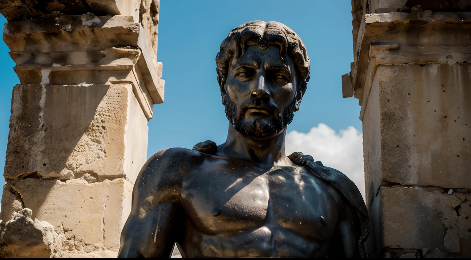 Ancient Stoic Statue With Very Angry Expression, tem barba, muitos detalhes em ambos os olhos, Outside, fundo atenas grego, open sky, com rosto extremamente detalhado full body view, Colors with low saturation with dark tone, Filmado em Sony A7S III com Sony FE 35mm f/1.8, 12.1 MP, --AR 3:2 --estilo cru