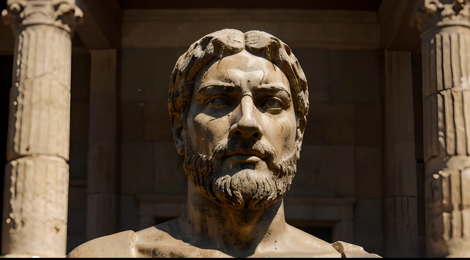 Ancient Stoic Statue With Very Angry Expression, tem barba, muitos detalhes em ambos os olhos, Outside, fundo atenas grego, open sky, com rosto extremamente detalhado full body view, Colors with low saturation with dark tone, Filmado em Sony A7S III com Sony FE 35mm f/1.8, 12.1 MP, --AR 3:2 --estilo cru