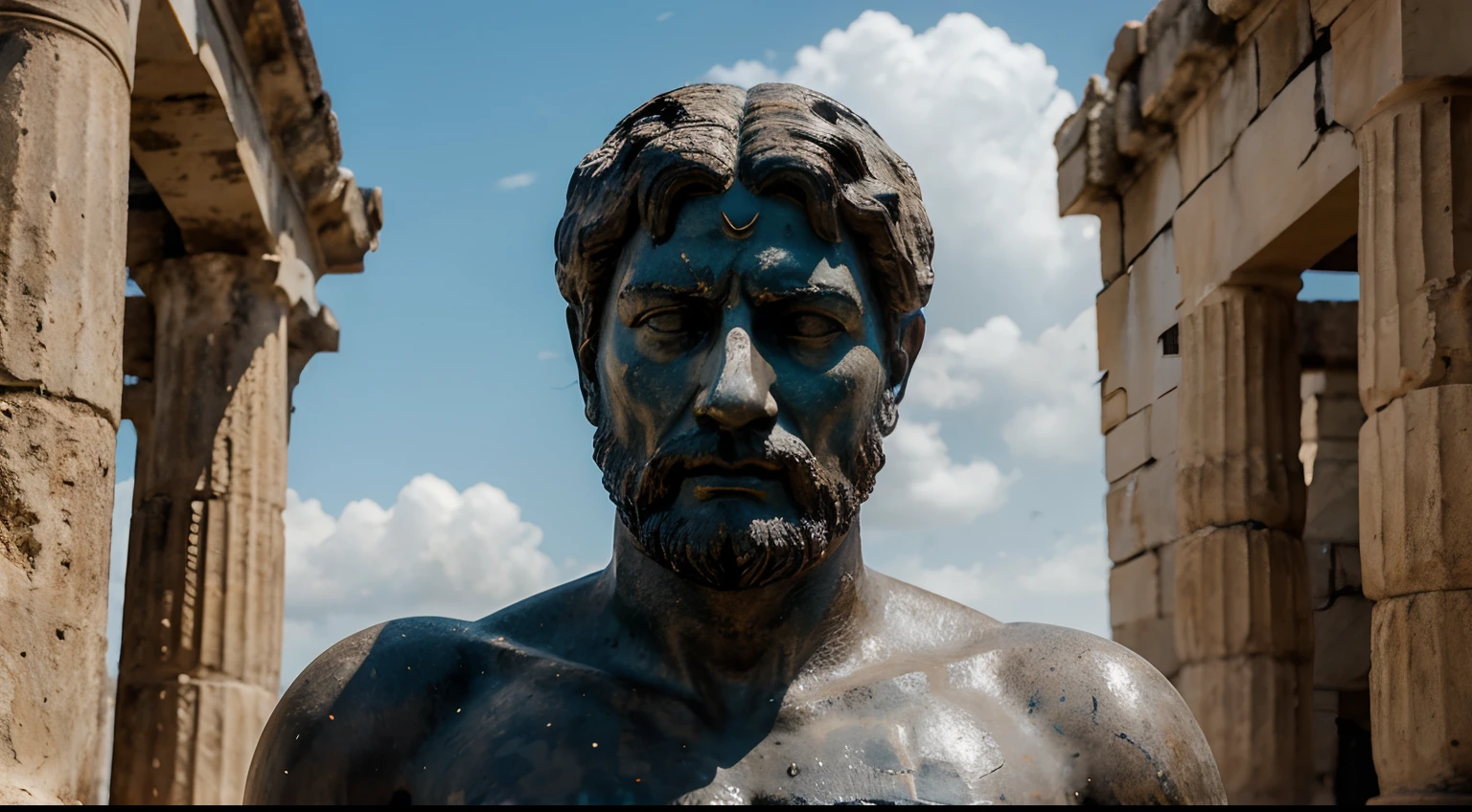Ancient Stoic Statue With Very Angry Expression, tem barba, muitos detalhes em ambos os olhos, Outside, fundo atenas grego, open sky, com rosto extremamente detalhado full body view, Colors with low saturation with dark tone, Filmado em Sony A7S III com Sony FE 35mm f/1.8, 12.1 MP, --AR 3:2 --estilo cru