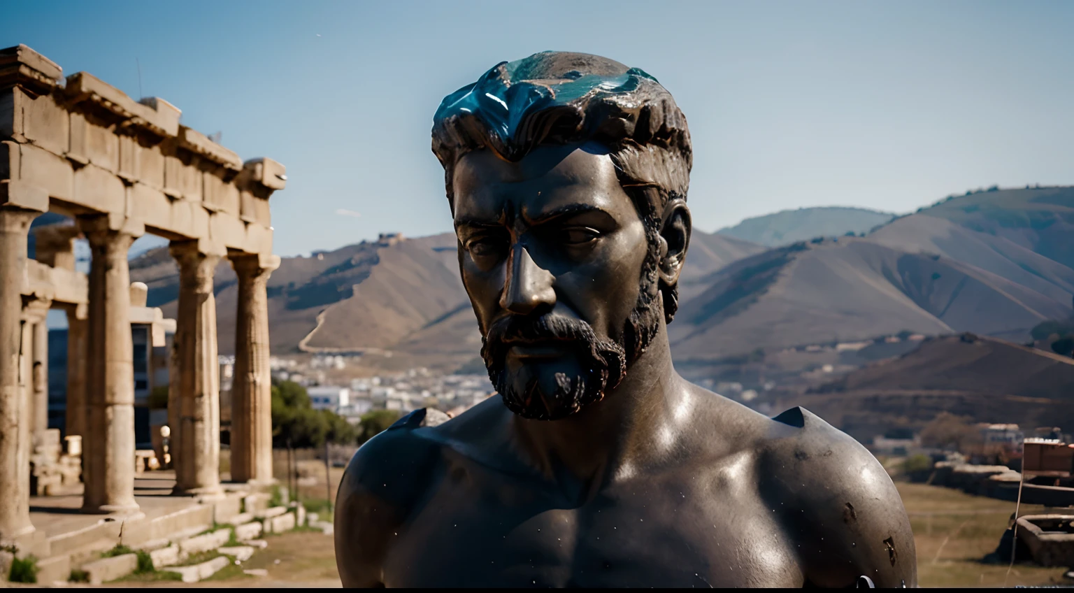 Ancient Stoic Statue With Very Angry Expression, tem barba, muitos detalhes em ambos os olhos, Outside, fundo atenas grego, open sky, com rosto extremamente detalhado full body view, Colors with low saturation with dark tone, Filmado em Sony A7S III com Sony FE 35mm f/1.8, 12.1 MP, --AR 3:2 --estilo cru