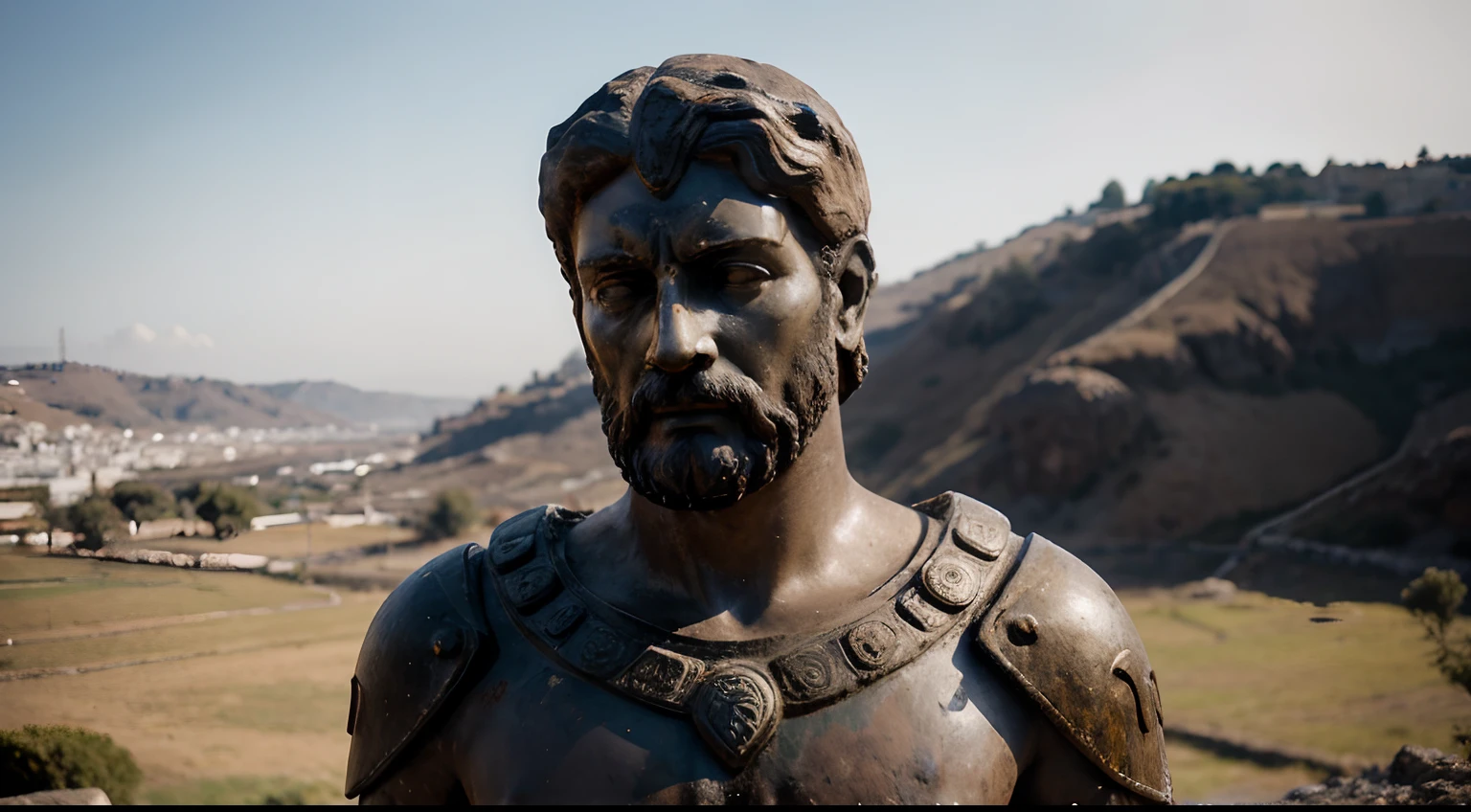 Ancient Stoic Statue With Very Angry Expression, tem barba, muitos detalhes em ambos os olhos, Outside, fundo atenas grego, open sky, com rosto extremamente detalhado full body view, Colors with low saturation with dark tone, Filmado em Sony A7S III com Sony FE 35mm f/1.8, 12.1 MP, --AR 3:2 --estilo cru