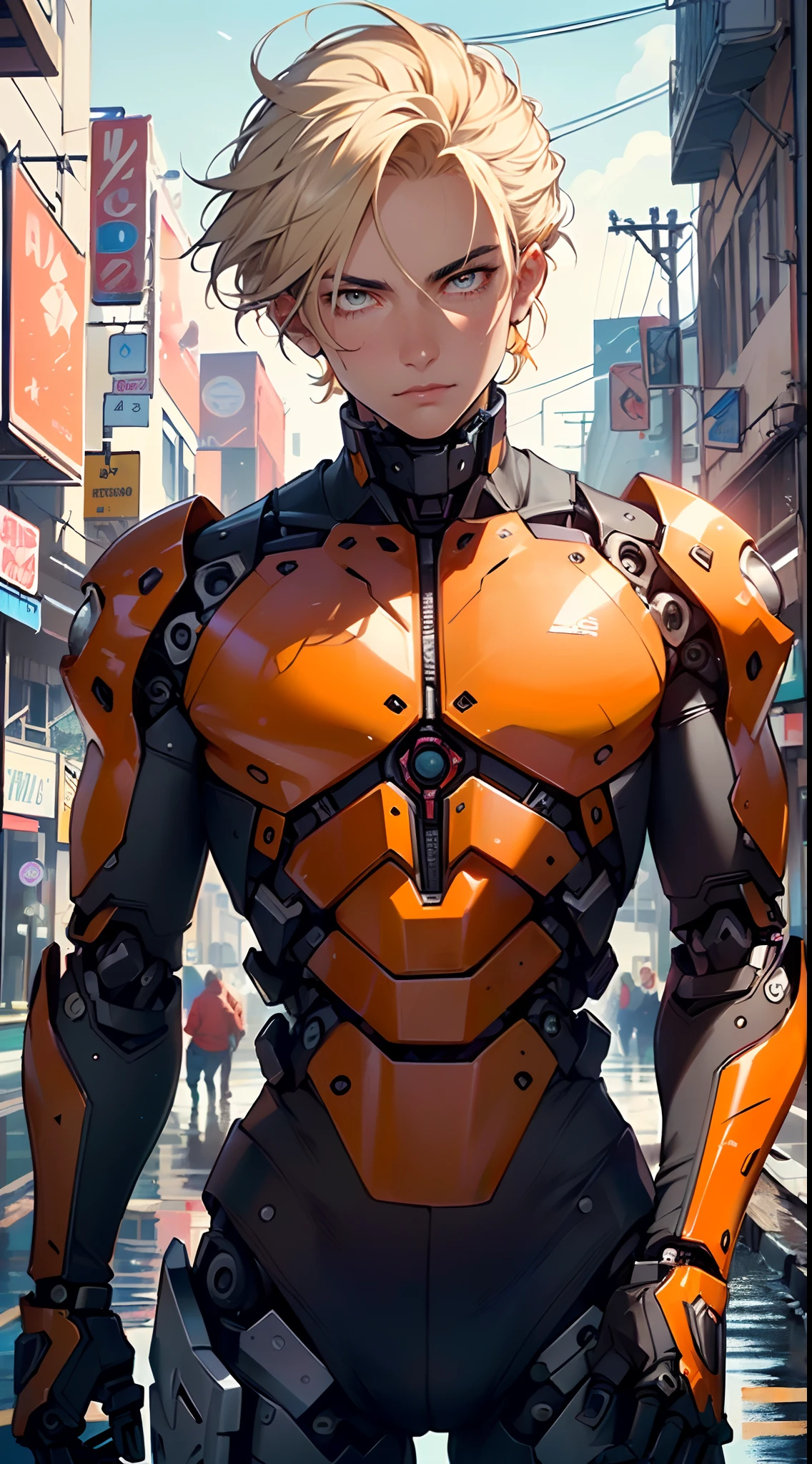 man:1.5,1 man,archer man,(((1man))),((man with blonde short hair)),

(((1male,man:1.5,handsome man,male,male gender:1.5,male focus))),macho man,hero,

((messy hair,blonde short haircut,detailed blonde hair,highly detailed hair,blonde hair,colored inner hair)),(((lustrous skin:1.5,tanned skin,bright skin: 1.5,skin tanned,shiny skin,very shiny skin,shiny body,illuminated skin))),(((orange_eyes:1.2))),intricate eyes,beautiful detailed eyes,symmetrical eyes,((man chest)),handsome face,((muscular)),male jaw,(((detailed face))),

manly,nsfw,

cyberpunk firefighter, ((mechanical arms:1.5, bionic arms:1.5)), futuristic firefighter uniform,((bulge in pants)),((uniform in black and orange colors)),((wet clothes,intricate outfit,intricate clothes,intricate uniform)),

(dynamic pose:1.0),solo focus,((heroic attitude)),(centered,scale to fit dimensions,Rule of thirds),

cyberpunk city by the ocean at night, with bright neon signs and dark stormy clouds and puddles, scenery:1.25,

highres, sharp focus, (ultra detailed, extremely detailed), (photorealistic artwork:1.37),(extremely detailed CG unity 8k wallpaper),((synthwave background theme)),(((vibrant colors))),(intricate background),(masterpiece),(best quality),