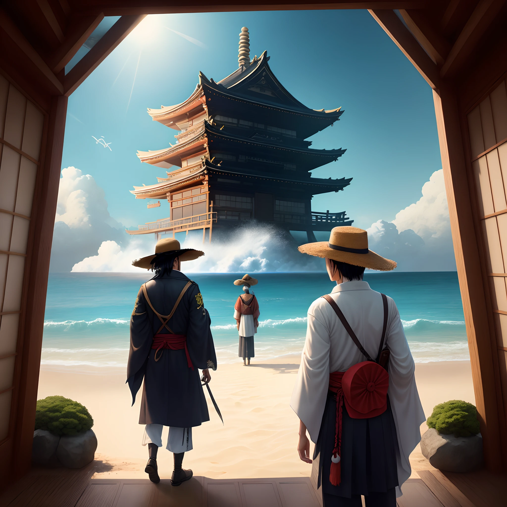 HD, CAMERA PHOTO, ONE PICE Pirate, Straw hat pirate gang, in heaven sky ocean with back ground of collapsing Japanese temple