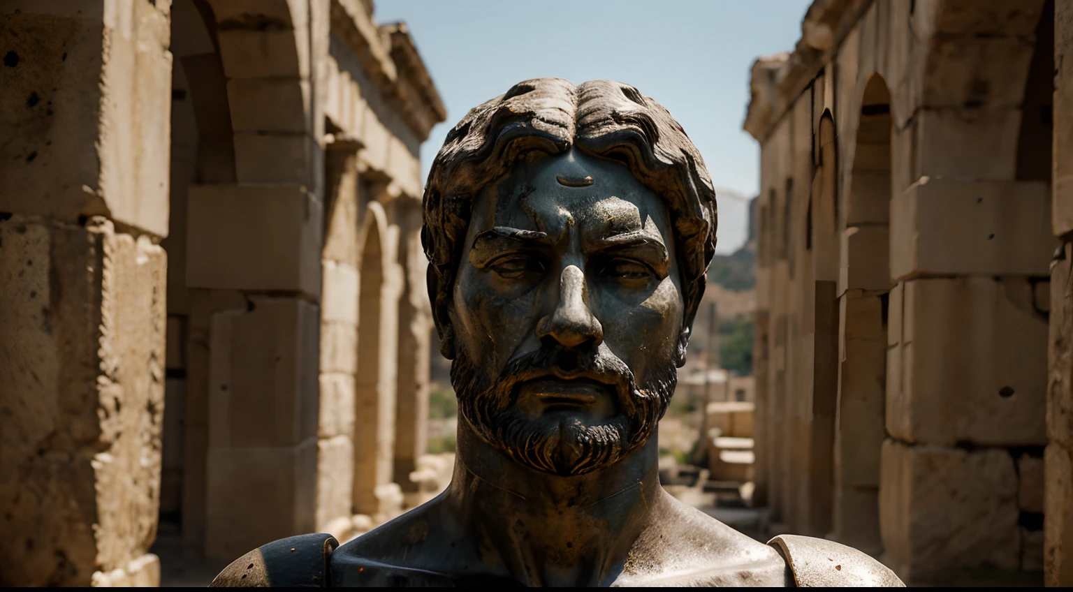 Ancient Stoic Statue With Very Angry Expression, tem barba, muitos detalhes em ambos os olhos, Outside, fundo atenas grego, open sky, com rosto extremamente detalhado full body view, Colors with low saturation with dark tone, Filmado em Sony A7S III com Sony FE 35mm f/1.8, 12.1 MP, --AR 3:2 --estilo cru