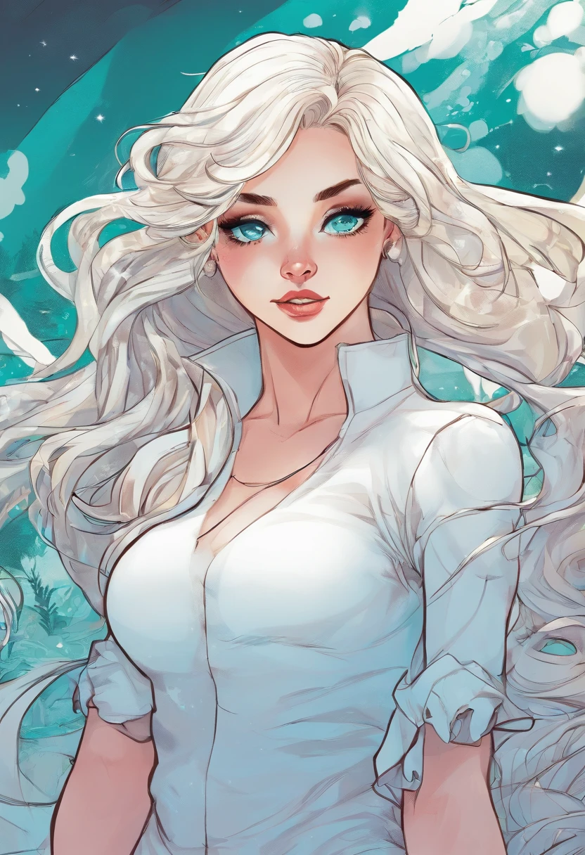 young girl, teal eyes, white clothes, long white hair with pigtails, big chest.