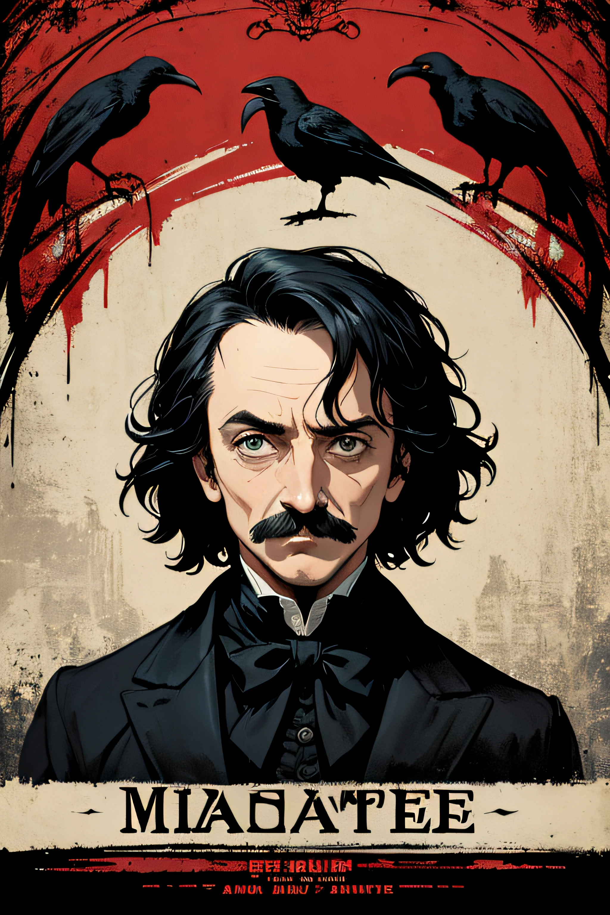 (Masterpiece, Best Quality), 8k Wallpaper, highly detailed, poster, Edgar Allan Poe, mustache, gothic, raven, mask of red death, Rue Morgue, horror thriller cinematic movie poster, Bauhaus, shapes, lines, abstract, propaganda, movie poster, vintage, double exposure.