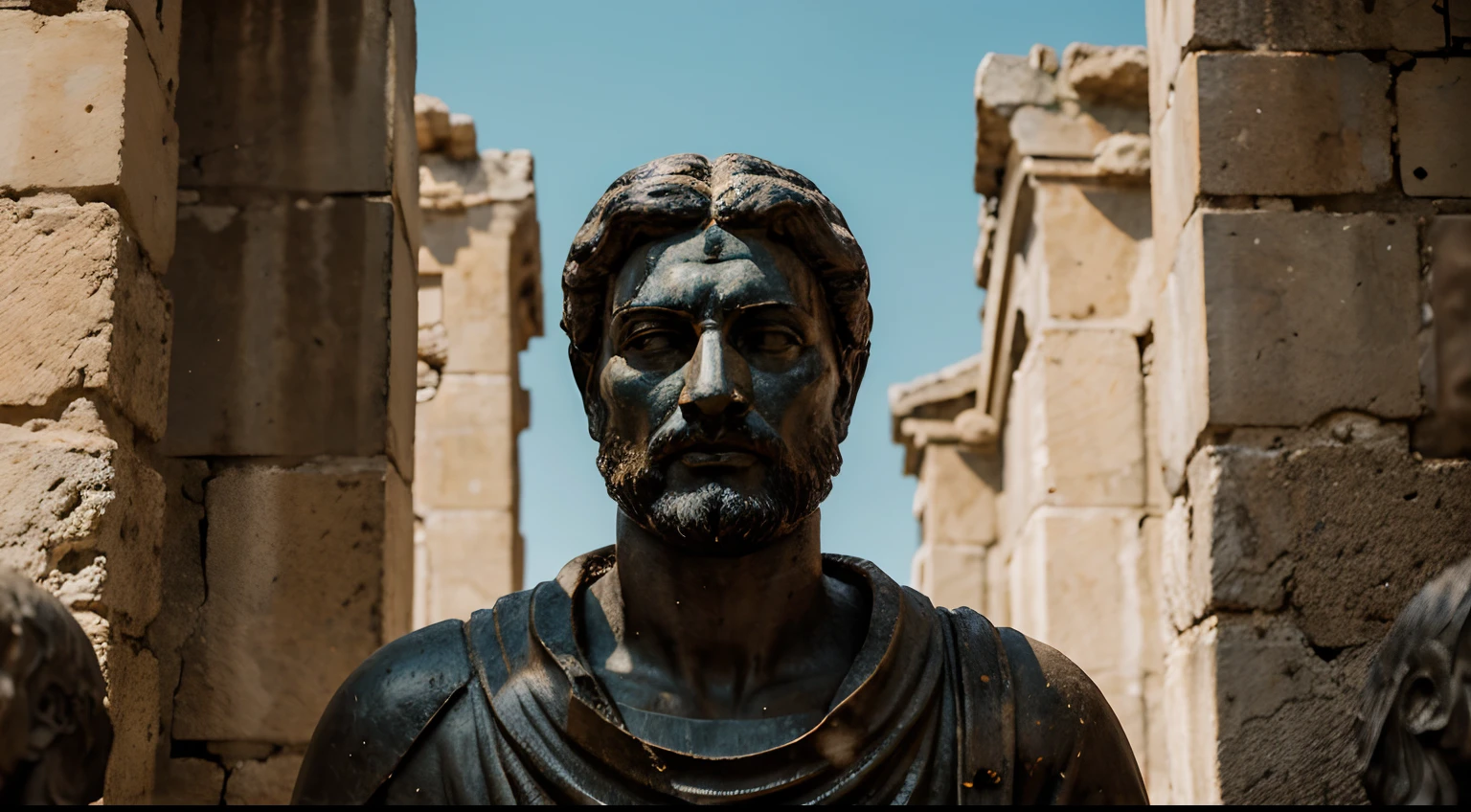 Ancient Stoic Statue With Very Angry Expression, tem barba, muitos detalhes em ambos os olhos, Outside, fundo atenas grego, open sky, com rosto extremamente detalhado full body view, Colors with low saturation with dark tone, Filmado em Sony A7S III com Sony FE 35mm f/1.8, 12.1 MP, --AR 3:2 --estilo cru