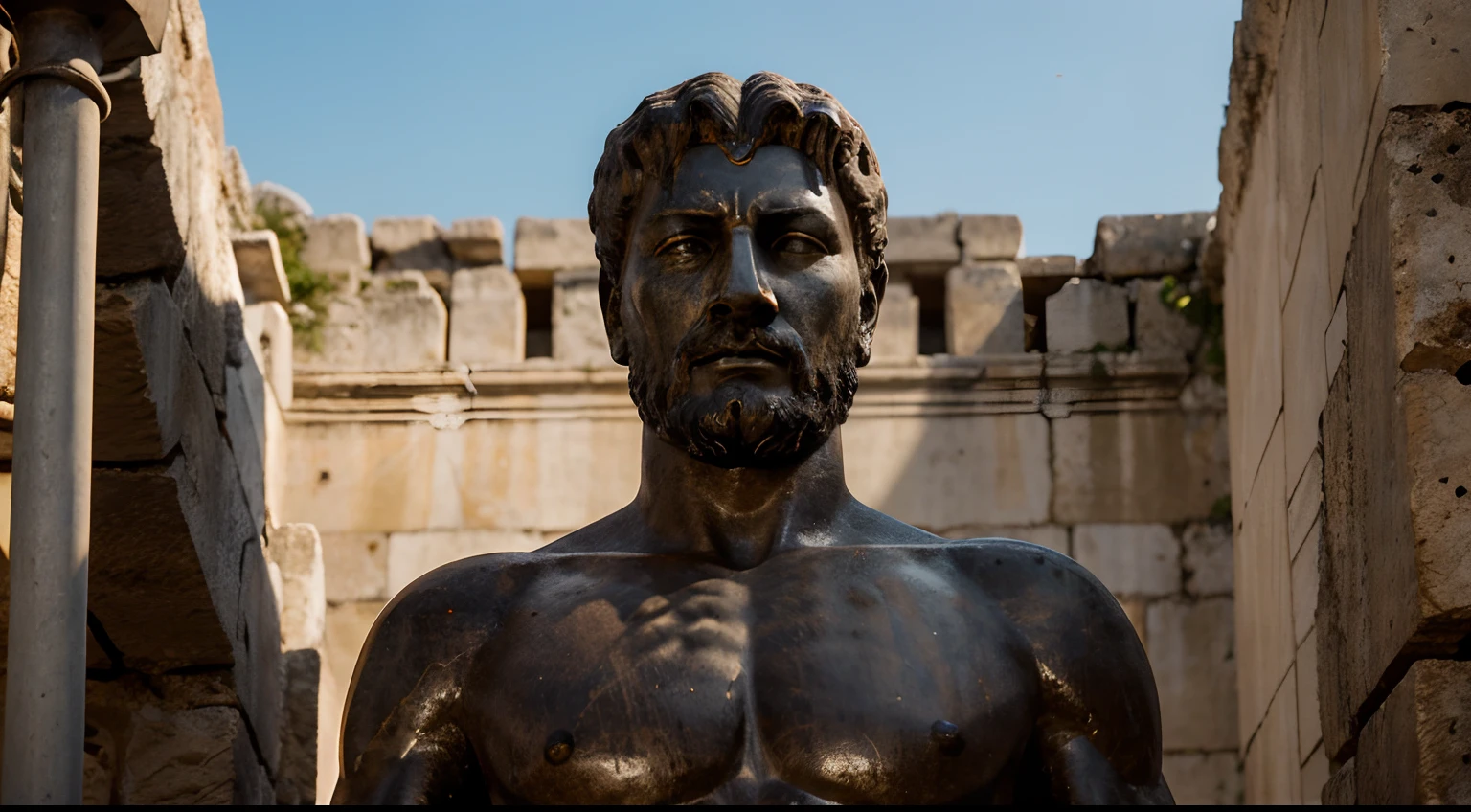 Ancient Stoic Statue With Very Angry Expression, tem barba, muitos detalhes em ambos os olhos, Outside, fundo atenas grego, open sky, com rosto extremamente detalhado full body view, Colors with low saturation with dark tone, Filmado em Sony A7S III com Sony FE 35mm f/1.8, 12.1 MP, --AR 3:2 --estilo cru