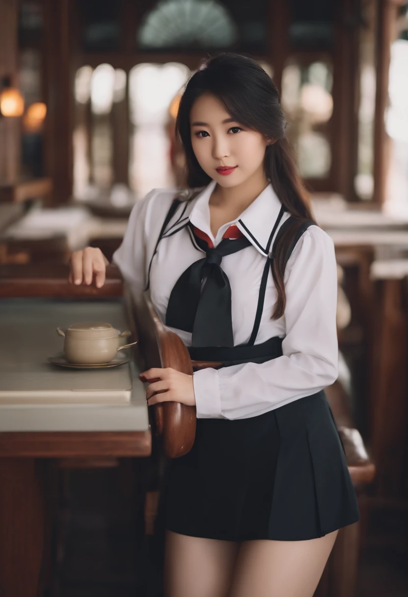 Asian girl wearing schoolgirl uniform with hourglass shape, big breasts, and big ass with big thighs.