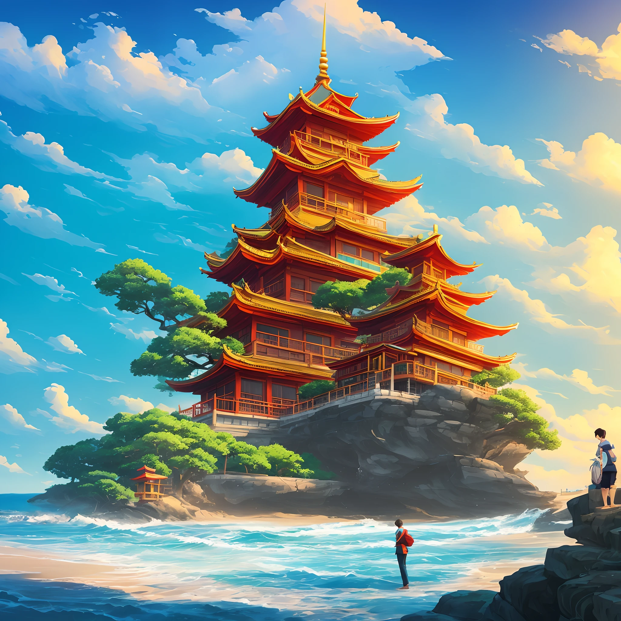 there is a man standing in front of a pagoda on the beach, digital painting of a pagoda, makoto shinkai cyril rolando, cyril rolando and goro fujita, inspired by Eiichiro Oda, chinese fantasy, inspired by Cyril Rolando, artwork in the style of guweiz, stunning digital illustration, in style of cyril rolando