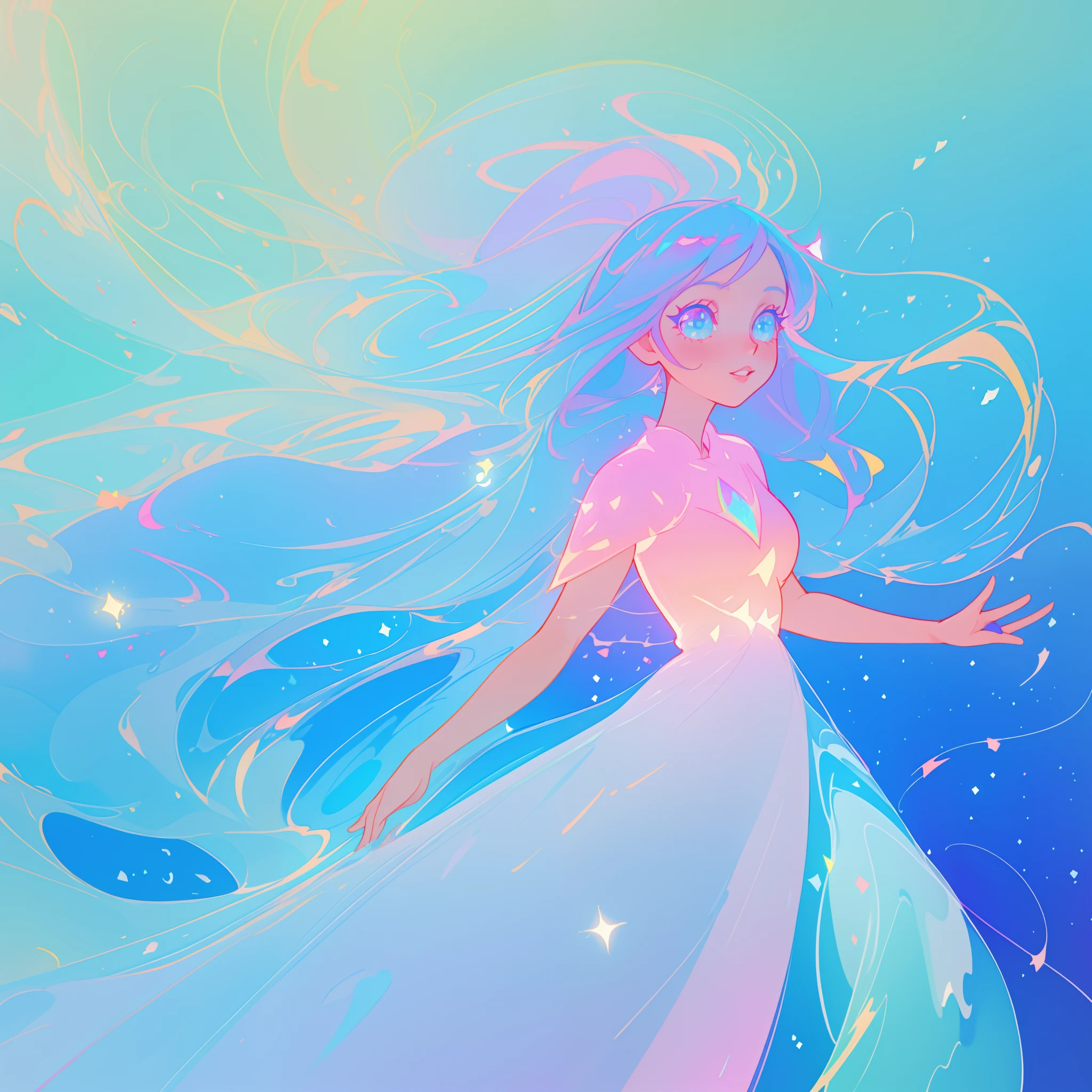 beautiful anime girl in colorful liquid dress, vibrant pastel colors, (colorful), magical lights, sparkling lines of light, inspired by Glen Keane, inspired by Lois van Baarle, disney art style, by Lois van Baarle, glowing aura around her, by Glen Keane, jen bartel, glowing lights! digital painting, flowing glowing hair, glowing flowing hair, beautiful digital illustration, fantasia background, whimsical, magical, fantasy, beautiful face, ((masterpiece, best quality)), intricate details, highly detailed, sharp focus, 8k resolution, sparkling detailed eyes, liquid watercolor