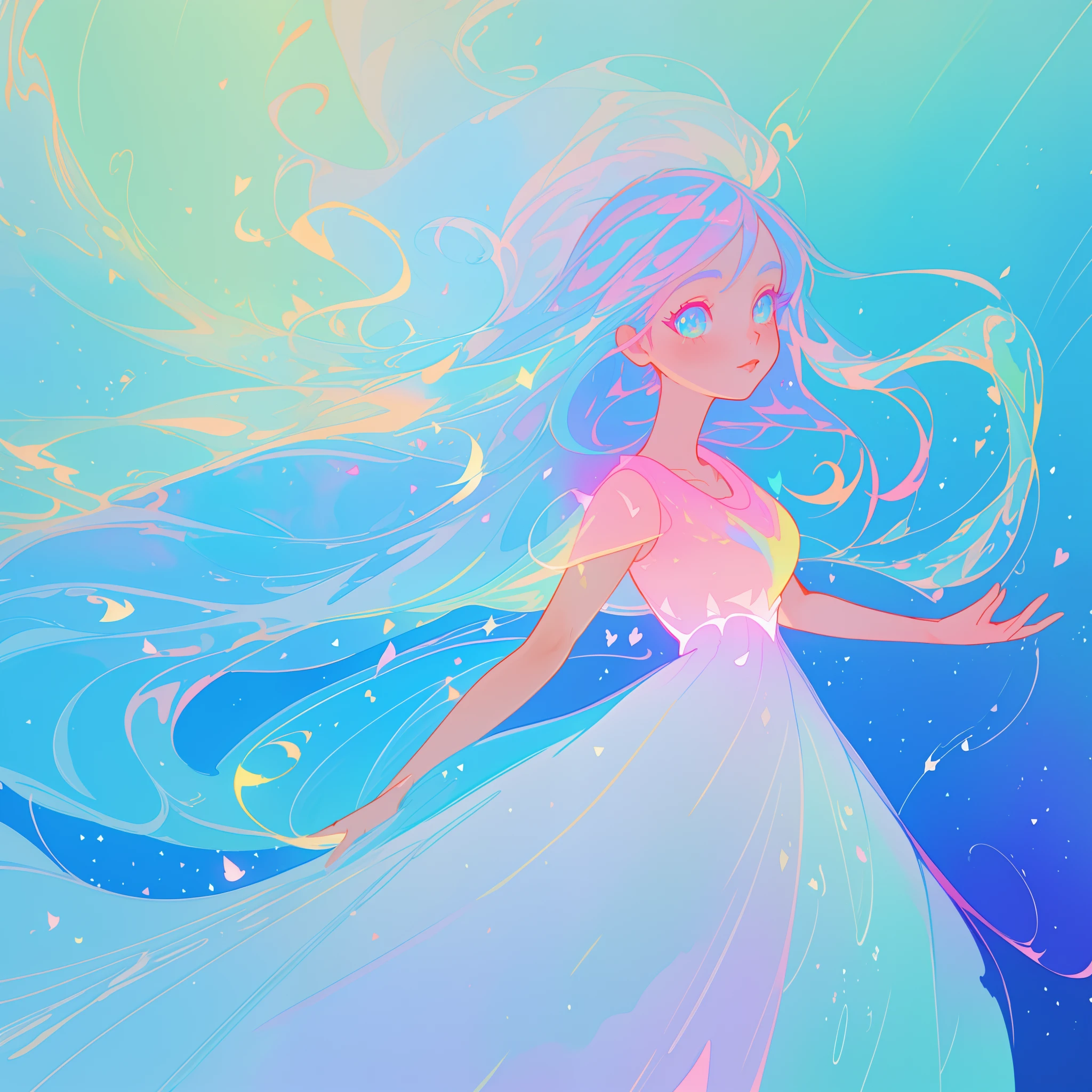 beautiful anime girl in colorful liquid dress, vibrant pastel colors, (colorful), magical lights, sparkling lines of light, inspired by Glen Keane, inspired by Lois van Baarle, disney art style, by Lois van Baarle, glowing aura around her, by Glen Keane, jen bartel, glowing lights! digital painting, flowing glowing hair, glowing flowing hair, beautiful digital illustration, fantasia background, whimsical, magical, fantasy, beautiful face, ((masterpiece, best quality)), intricate details, highly detailed, sharp focus, 8k resolution, sparkling detailed eyes, liquid watercolor