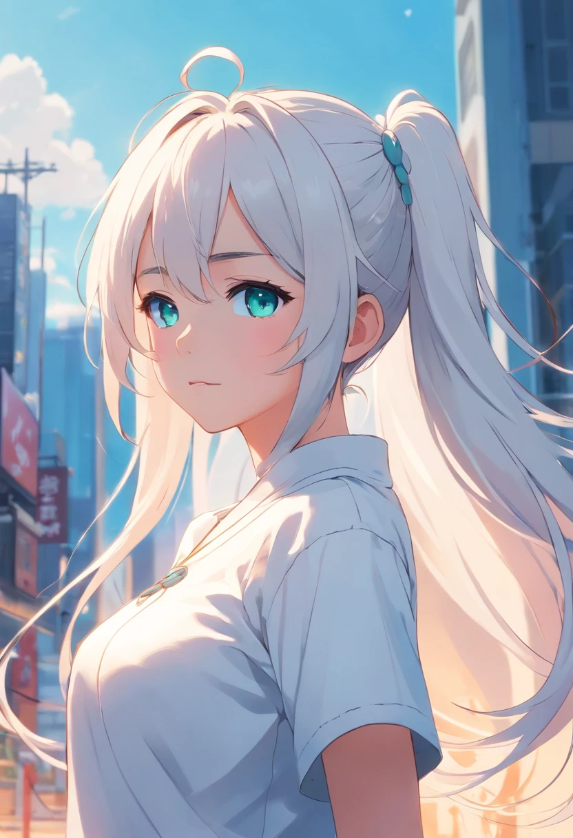young girl, teal eyes, white clothes, long white hair with pigtails, big chest.