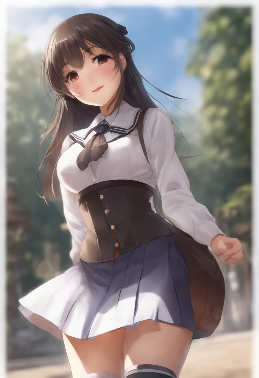 Anime asian girl wearing schoolgirl uniform with hourglass shape, big breasts, and big ass with big thighs.