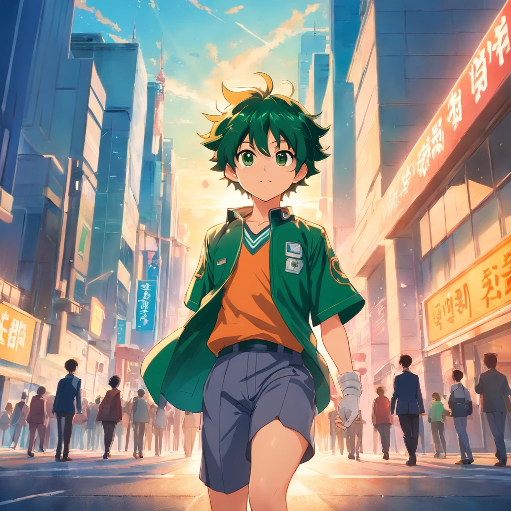 Create a breathtaking movie poster capturing the essence of Kohei Horikoshi's my hero academy, featuring Deku in his iconic hero uniform, contemplant solennellement le coucher de soleil captivant.