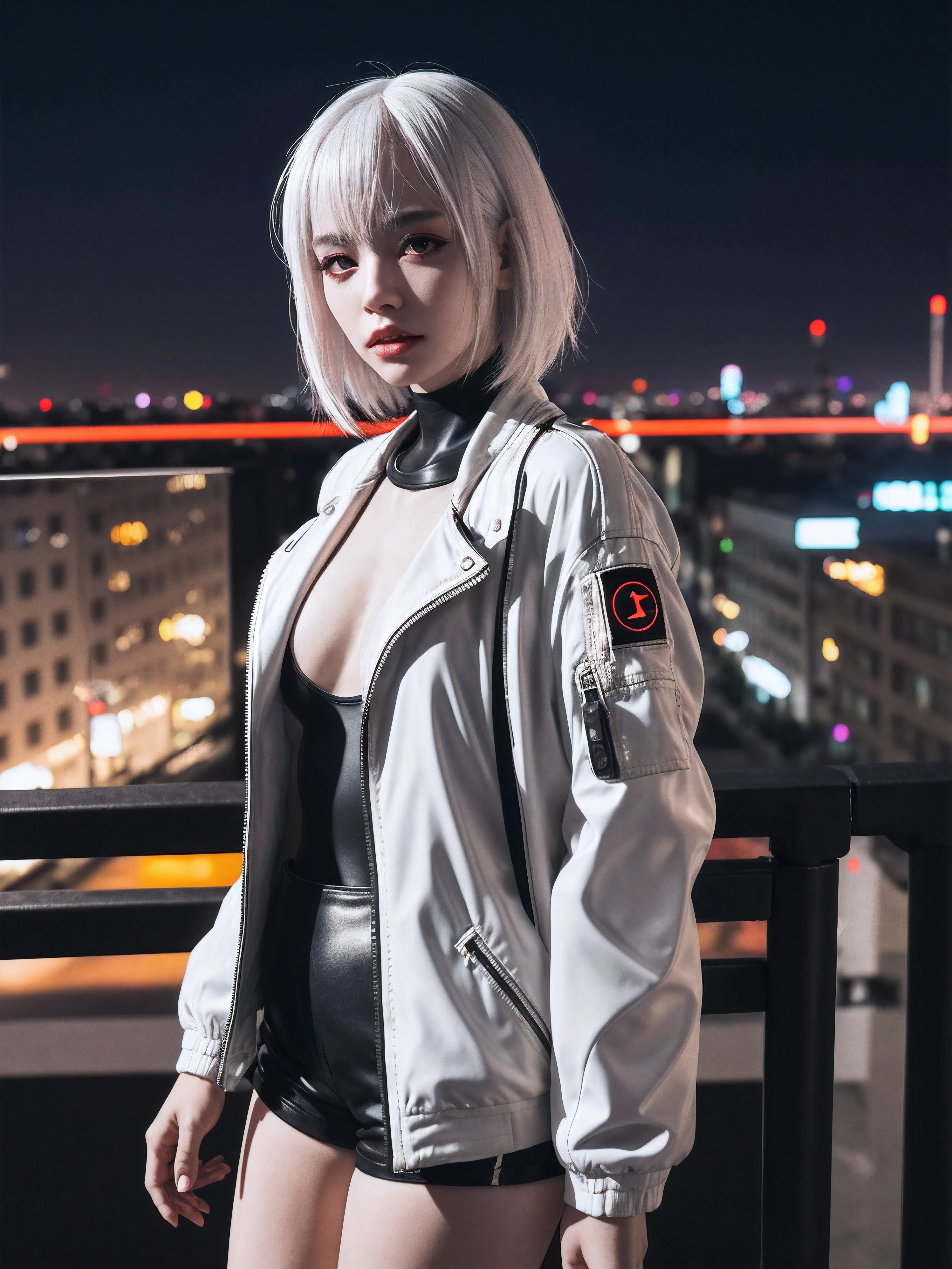 masterpiece, (photorealistic:1.4), best quality, beautiful lighting, (ulzzang-6500:0.5), lucy \(cyberpunk\), 1girl, white hair, against railing, arm rest, bangs, bare shoulders, belt, black belt, black leotard, black pants, blurry, bob cut, breasts, building, cityscape, clothing cutout, (cropped jacket), cyberpunk, depth of field, from side, gradient eyes, grey eyes, grey hair, white jacket, leotard, lips, long sleeves, looking afar, looking ahead, (mechanical parts), medium breasts, multicolored eyes, multicolored hair, night, night sky, off shoulder, open clothes, open jacket, outdoors, pants, parted lips, railing, red eyeliner, science fiction, short hair with long locks, short shorts, shorts, sidelocks, sky, solo, standing, teeth, thigh cutout, upper teeth only, white jacket, white shorts, cyberpunk \(series\), cyberpunk edgerunners, RAW photo, 8k uhd, film grain, cosplay, white wig, night, neon lights,,,,