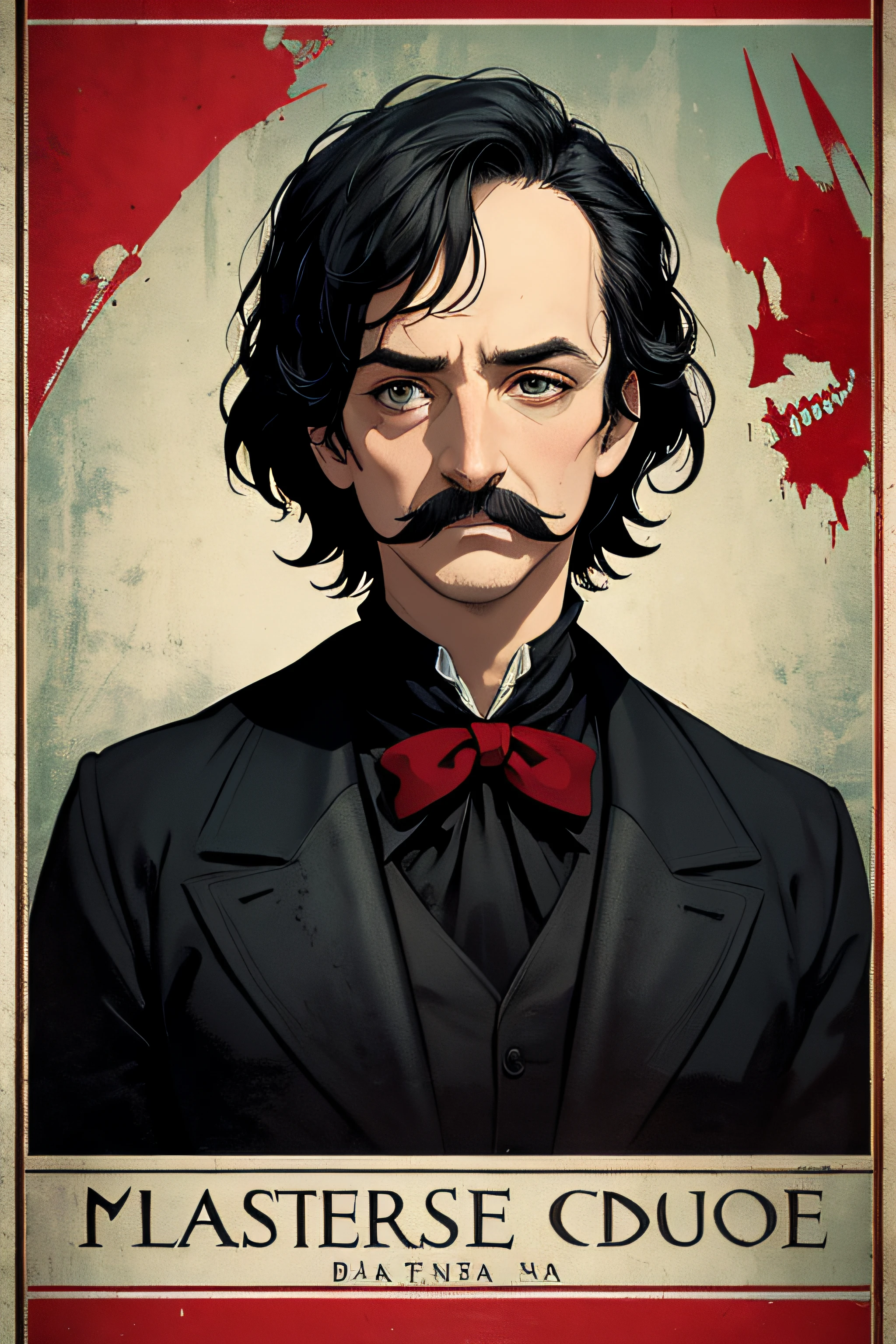 (Masterpiece, Best Quality), 8k Wallpaper, highly detailed, poster, Edgar Allan Poe, mustache, gothic, raven, mask of red death, Rue Morgue, horror thriller cinematic movie poster, Bauhaus, shapes, lines, abstract, propaganda, movie poster, vintage, double exposure.