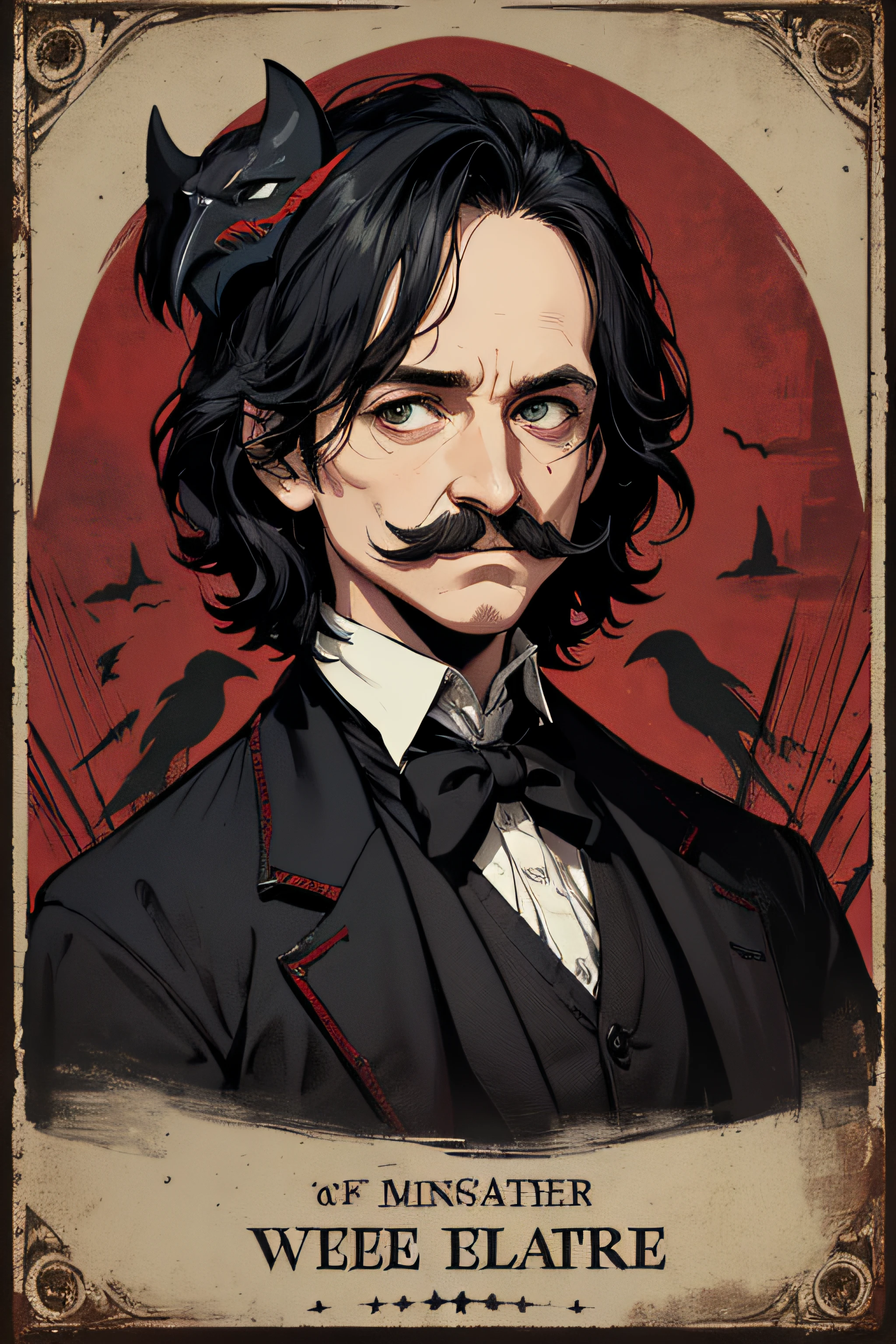(Masterpiece, Best Quality), 8k Wallpaper, highly detailed, poster, Edgar Allan Poe, small mustache, gothic, raven, mask of red death, Rue Morgue, horror thriller cinematic movie poster, Bauhaus, shapes, lines, abstract, propaganda, movie poster, vintage, double exposure.