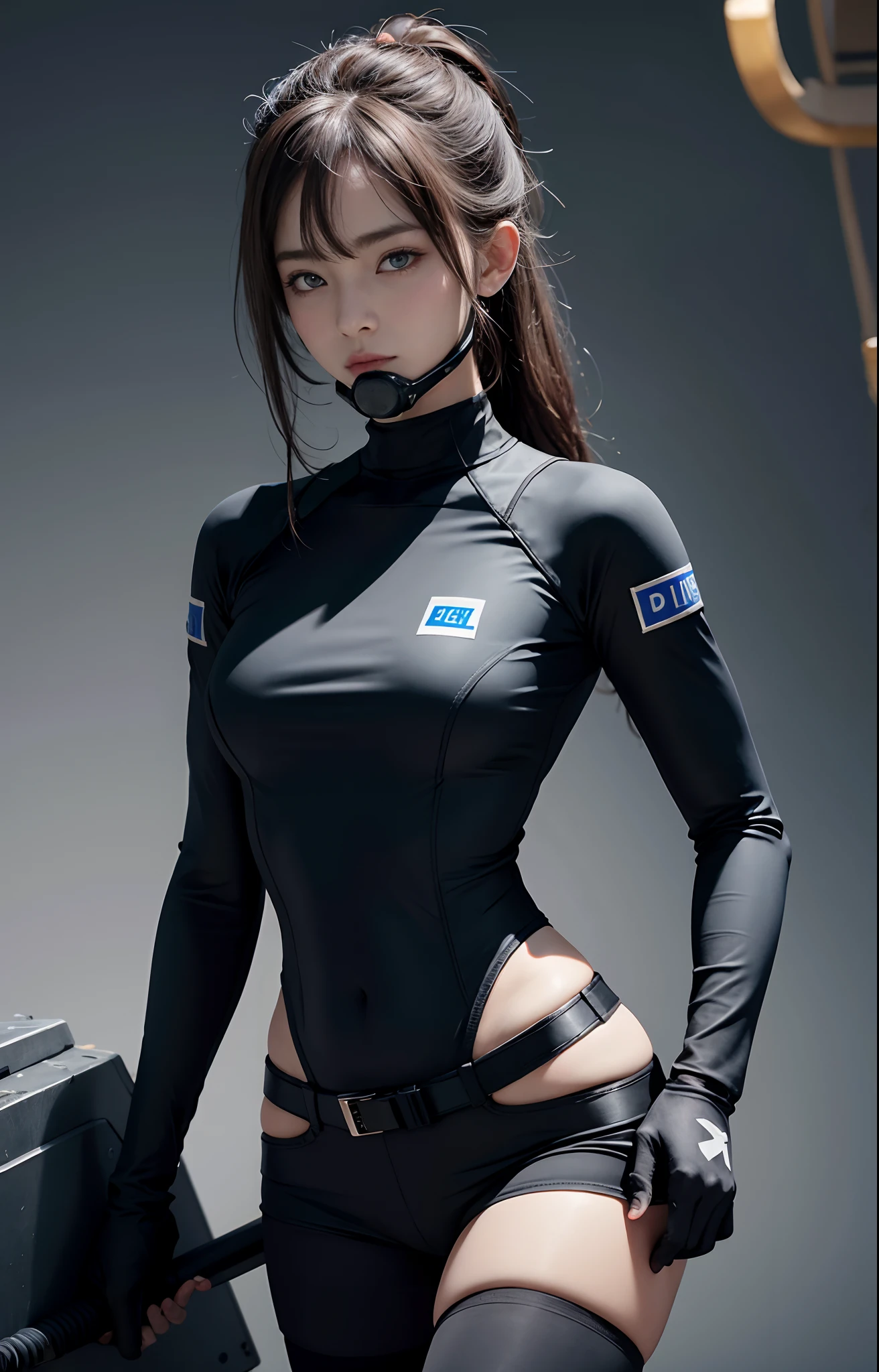 Highest image quality, outstanding details, ultra-high resolution, (realism: 1.4), ((middle shot:0.75)), highly condensed 1 lady, with beautiful and a delicate face, perfect proportion, (chubby:0.3, small breasts), (cloths color base ratio black:0.2 white:0.6 other-color:0.1), (wearing rash-guard likes police uniform, black and grey mecha, wearing high-tech heavy gasmask, military harness, carrying hich-tech-flamethrower-tank on back), background simple grey wall,