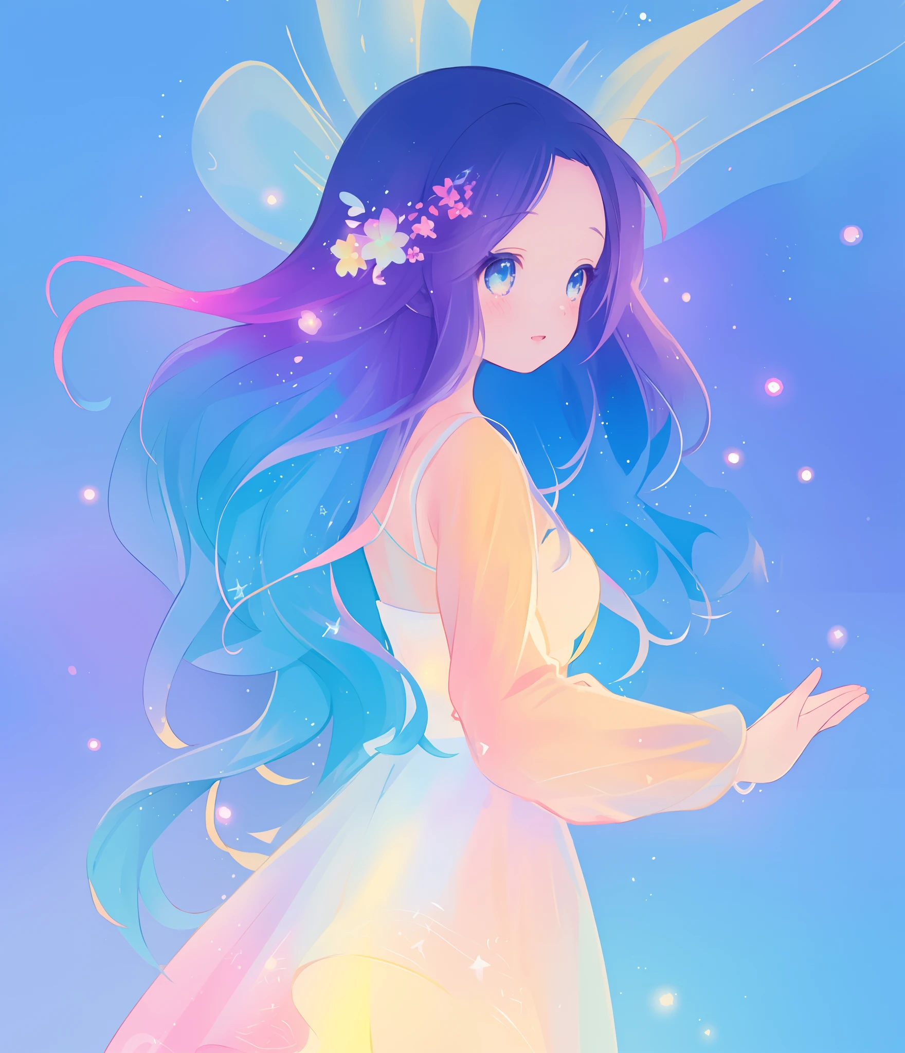 beautiful anime girl in colorful multi-layered ballgown, vibrant pastel colors, (colorful), magical lights, sparkling liquid light, colorful wavy hair, inspired by Glen Keane, inspired by Lois van Baarle, disney art style, by Lois van Baarle, glowing aura around her, by Glen Keane, jen bartel, glowing lights! digital painting, flowing glowing hair, glowing flowing hair, beautiful digital illustration, fantasia background, whimsical, magical, fantasy, beautiful face, ((masterpiece, best quality)), intricate details, highly detailed, sharp focus, 8k resolution, sparkling detailed eyes, liquid watercolor