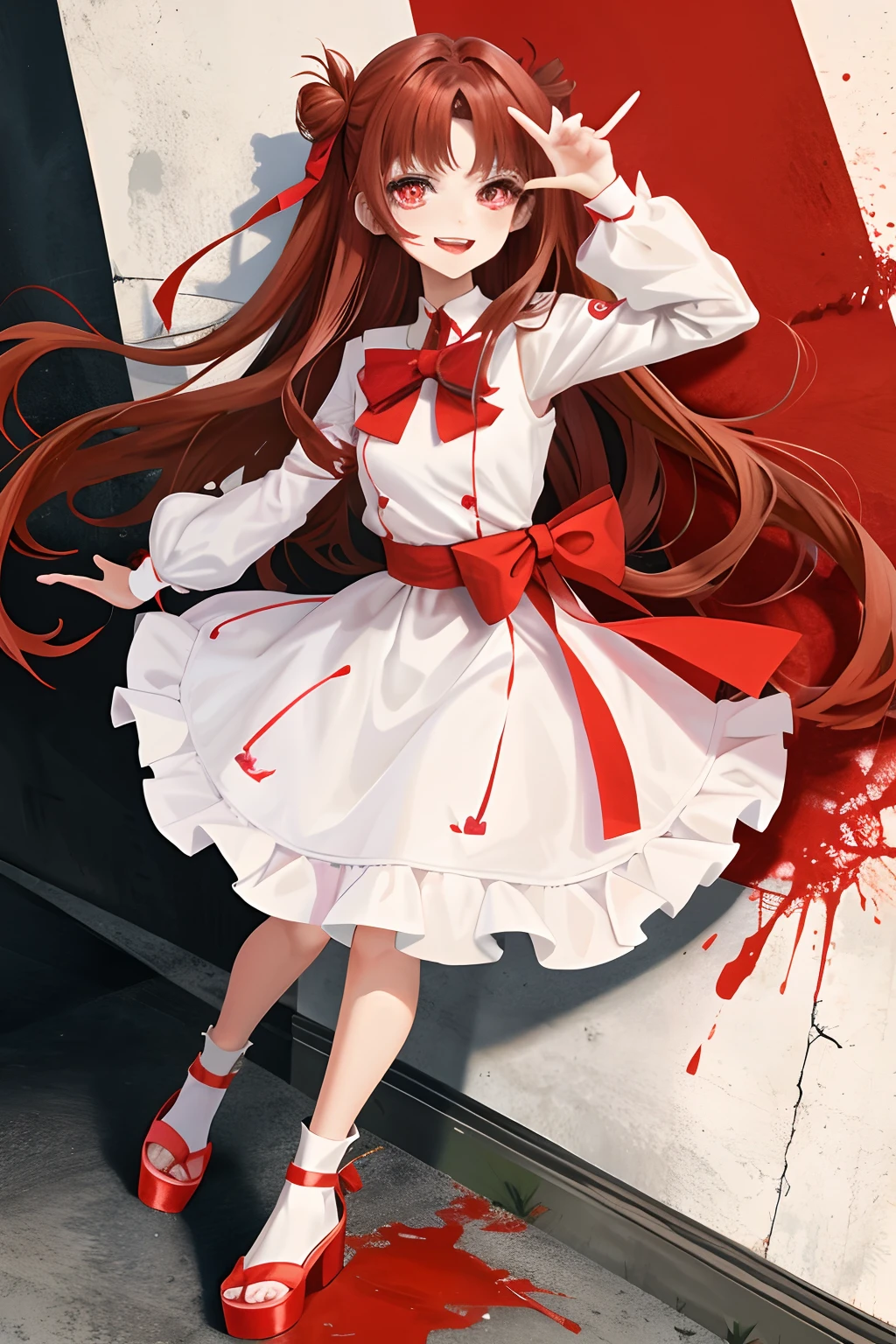 anime girl in a red and white dress with a red bow, yandere. tall, anime moe artstyle, loli in dress, cute anime waifu in a nice dress, anime visual of a cute girl, yandere, small curvy loli, high quality anime artstyle, rin tohsaka, gapmoe yandere, an anime girl, (anime girl), Holding a knife, blood, happy, smiling, holding a knife in her hand, blood dripping from knife, blood on her clothes, licking a sharp knife with crazy look in her eyes, short brown hair, full body, blood dripping down her dress