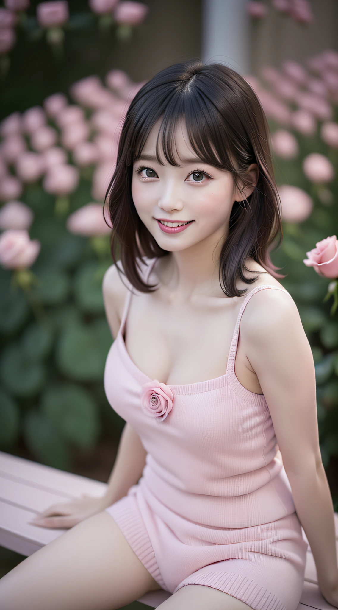 1girl, (clean appearance, radiant sense of happiness), (Adorable and sexy appearance:1.2), open mouth slightly, (big round eyes:1.2), (extremely detailed beautiful face), (Short pink knit dress with open chest), (bare shoulders:1.3), (Best Quality:1.4), (Ultra-detailed), (Ultra realistic, photo-realistic:1.37), beautiful fair skin, extremely detailed CG unified 8k wallpaper, raw photos, professional photograpy, cinematic lighting, (pink rose garden:1.5), (Surrounded by so many pink rose:1.5), (Feeling happy, rose bouquet), (sitting, pink flower bench), spread legs wide open, (rose panties), Inner thigh, Staring at me, fashionable, trendy, Clear skies,