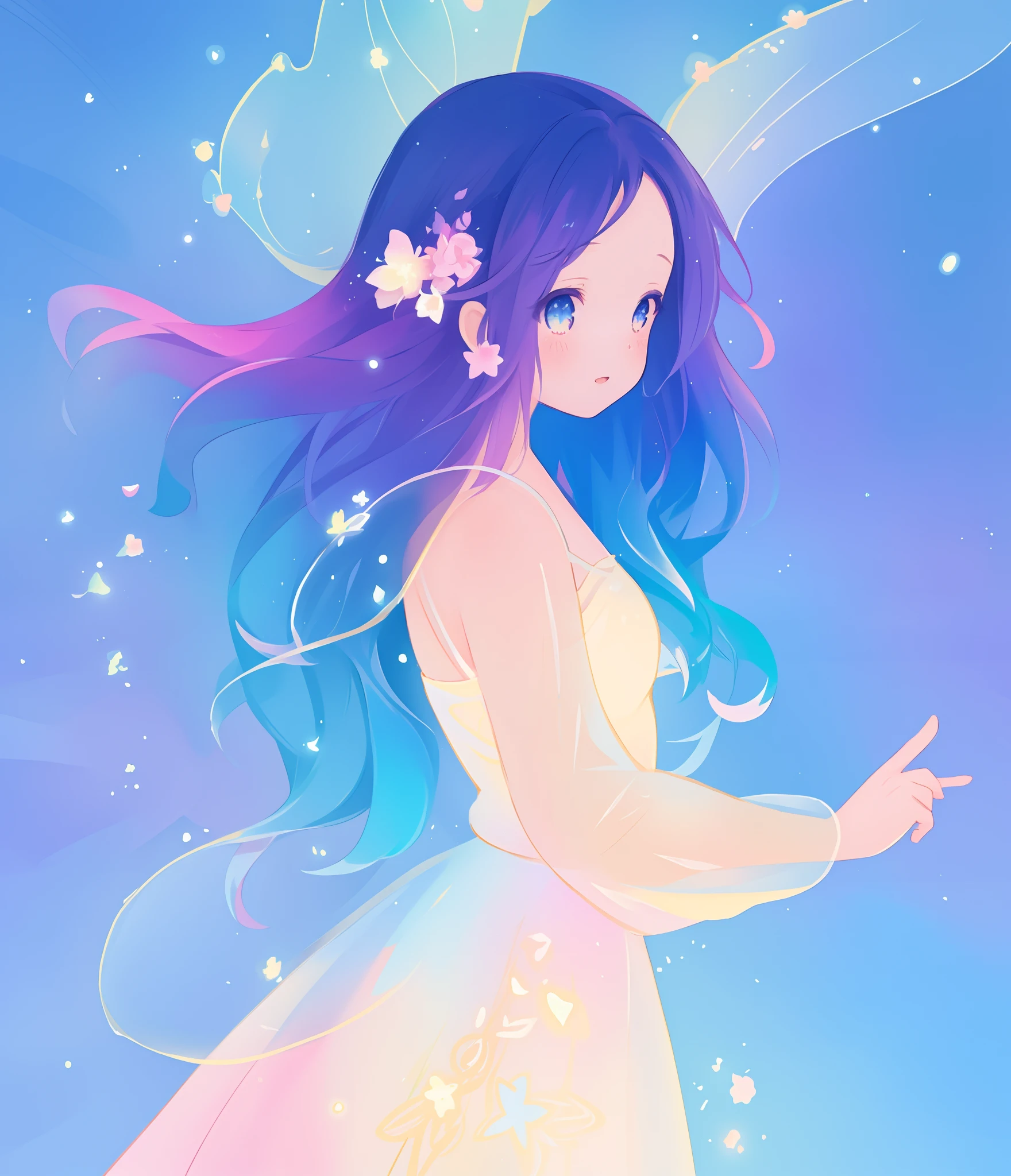 beautiful anime girl in colorful multi-layered ballgown, vibrant pastel colors, (colorful), magical lights, sparkling liquid light, colorful wavy hair, inspired by Glen Keane, inspired by Lois van Baarle, disney art style, by Lois van Baarle, glowing aura around her, by Glen Keane, jen bartel, glowing lights! digital painting, flowing glowing hair, glowing flowing hair, beautiful digital illustration, fantasia background, whimsical, magical, fantasy, beautiful face, ((masterpiece, best quality)), intricate details, highly detailed, sharp focus, 8k resolution, sparkling detailed eyes, liquid watercolor