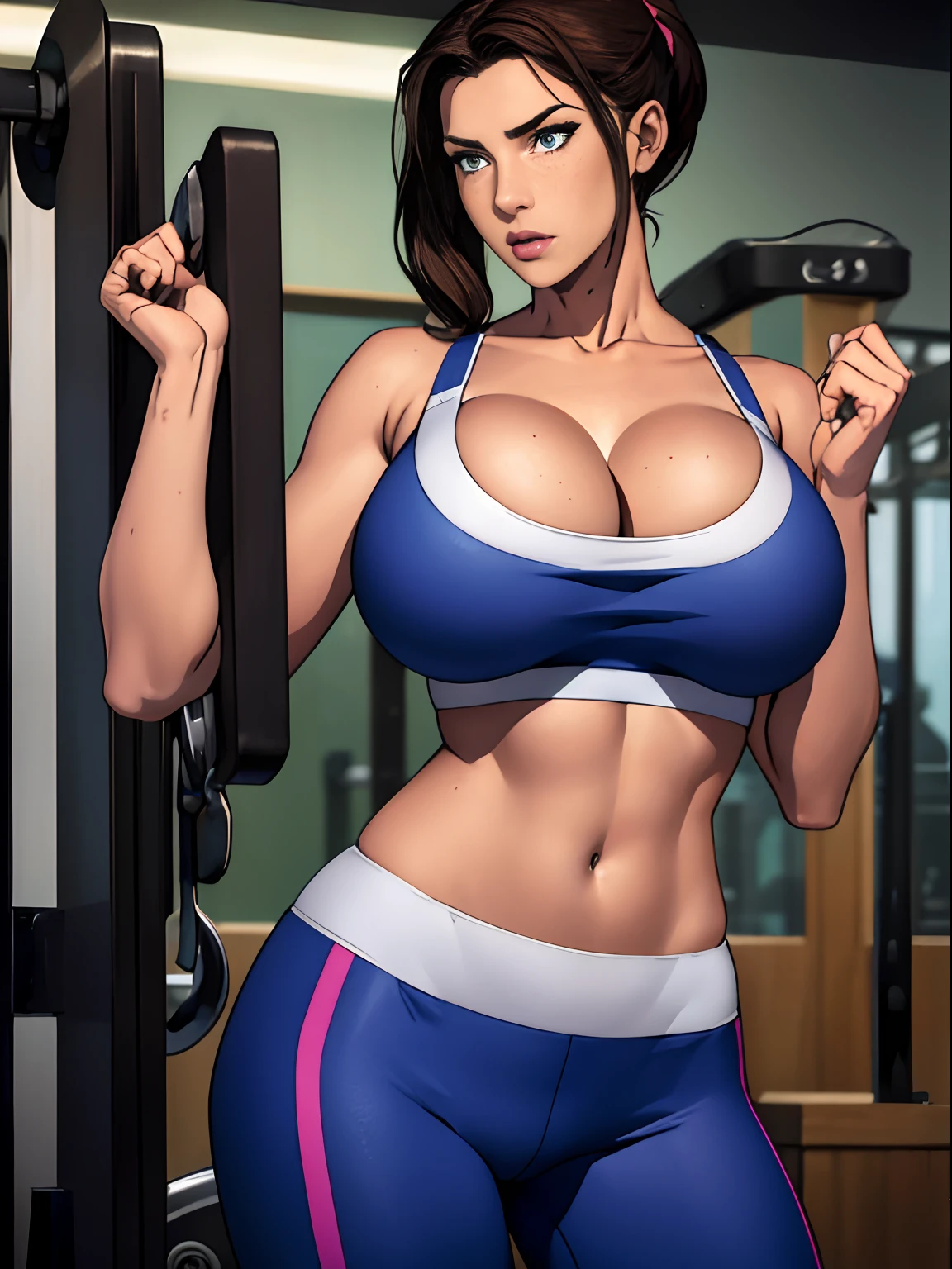 (masterpiece, top quality, best quality, official art, beautiful and aesthetic:1.2), (1girl:1.3), (gorgeous face), light freckles, fair skin, brown hair, extremely detailed, portrait, looking at viewer, solo, (full body:0.6), detailed background, close up, (airy modern theme:1.1), extremely busty but very slender gym girl, ponytail, big lips, arched back, flexing, charlatan, smirk, mysterious, standing in the gym, sports bra, leggings, headphones, wet, workout gear, weight machines, windows, modern gym, well-lit, thin and toned physique, ((((gigantic breasts, cleavage, skindentation)))), slim waist, slim hips, long legs, modern (gym interior:1.1) background, dark mysterious lighting, shadows, magical atmosphere, dutch angle,