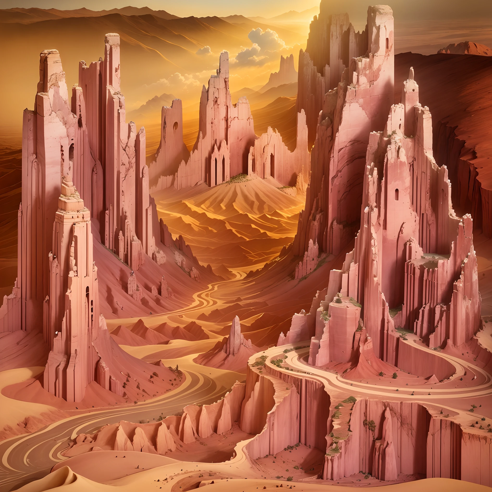 Paper carving:monument valley,Sunset,rock formations,Mesa Bhikkhu,Towering cliffs,clouds,A desert.(Surrealist dream style), Light tracing, Environmental shielding, Hazy, Natural light,
