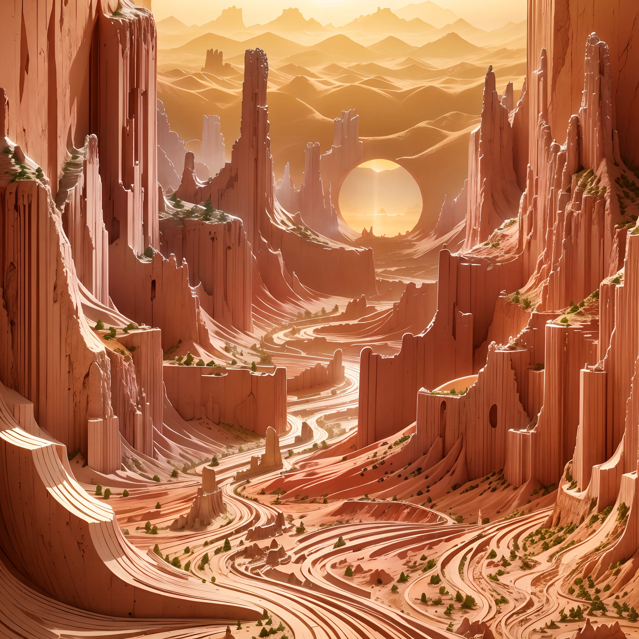 Paper carving:monument valley,Sunset,rock formations,Mesa Bhikkhu,Towering cliffs,clouds,A desert.(Surrealist dream style), Light tracing, Environmental shielding, Hazy, Natural light,