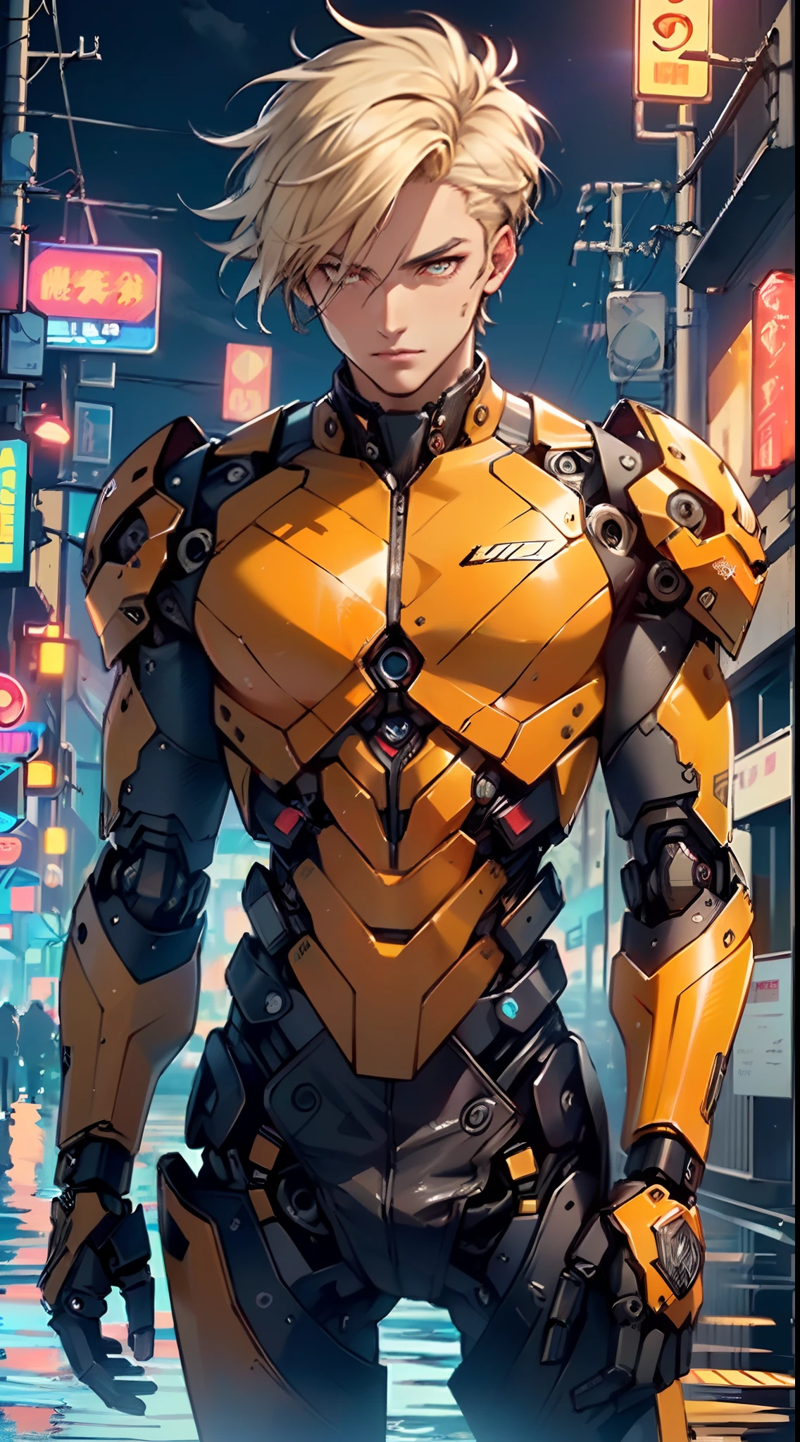 man:1.5,1 man,archer man,(((1man))),((man with blonde short hair)),
(((1male,man:1.5,handsome man,male,male gender:1.5,male focus))),macho man,hero,
((messy hair,blonde short haircut,detailed blonde hair,highly detailed hair,blonde hair,colored inner hair)),(((lustrous skin:1.5,tanned skin,bright skin: 1.5,skin tanned,shiny skin,very shiny skin,shiny body,illuminated skin))),(((orange_eyes:1.2))),intricate eyes,beautiful detailed eyes,symmetrical eyes,((man chest)),handsome face,((muscular)),male jaw,(((detailed face))),
manly,nsfw,
cyberpunk firefighter, ((mechanical arms:1.5, bionic arms:1.5)), futuristic firefighter uniform,((bulge in pants)),((uniform in black and orange colors)),((wet clothes,intricate outfit,intricate clothes,intricate uniform)),
(dynamic pose:1.0),solo focus,((heroic attitude)),(centered,scale to fit dimensions,Rule of thirds),
cyberpunk city by the ocean at night, with bright neon signs and dark stormy clouds and puddles, scenery:1.25,
highres, sharp focus, (ultra detailed, extremely detailed), (photorealistic artwork:1.37),(extremely detailed CG unity 8k wallpaper),((synthwave background theme)),(((vibrant colors))),(intricate background),(masterpiece),(best quality),