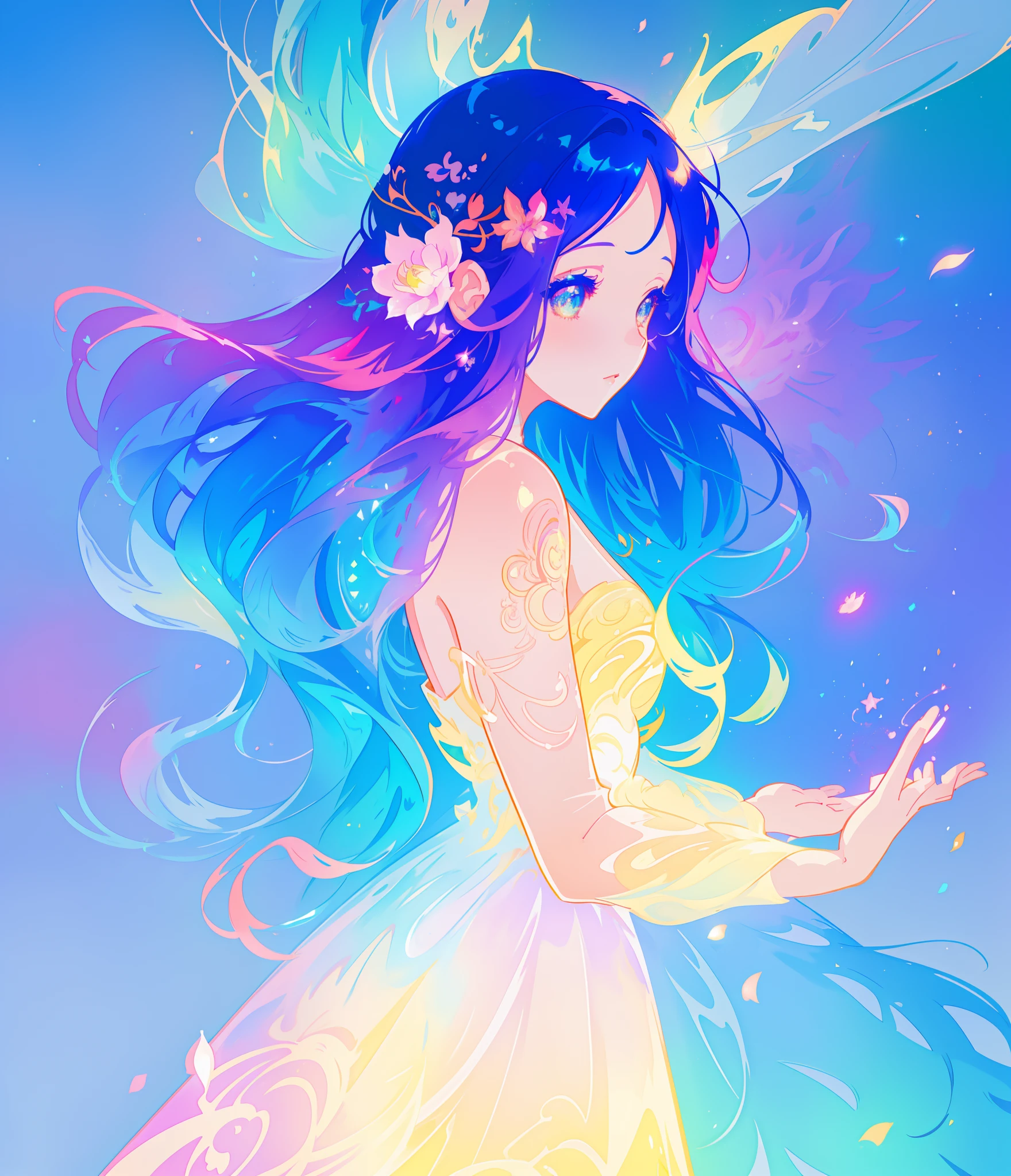 beautiful anime girl in colorful multi-layered ballgown, vibrant pastel colors, (colorful), magical lights, sparkling liquid light, colorful wavy hair, inspired by Glen Keane, inspired by Lois van Baarle, disney art style, by Lois van Baarle, glowing aura around her, by Glen Keane, jen bartel, glowing lights! digital painting, flowing glowing hair, glowing flowing hair, beautiful digital illustration, fantasia background, whimsical, magical, fantasy, beautiful face, ((masterpiece, best quality)), intricate details, highly detailed, sharp focus, 8k resolution, sparkling detailed eyes, liquid watercolor