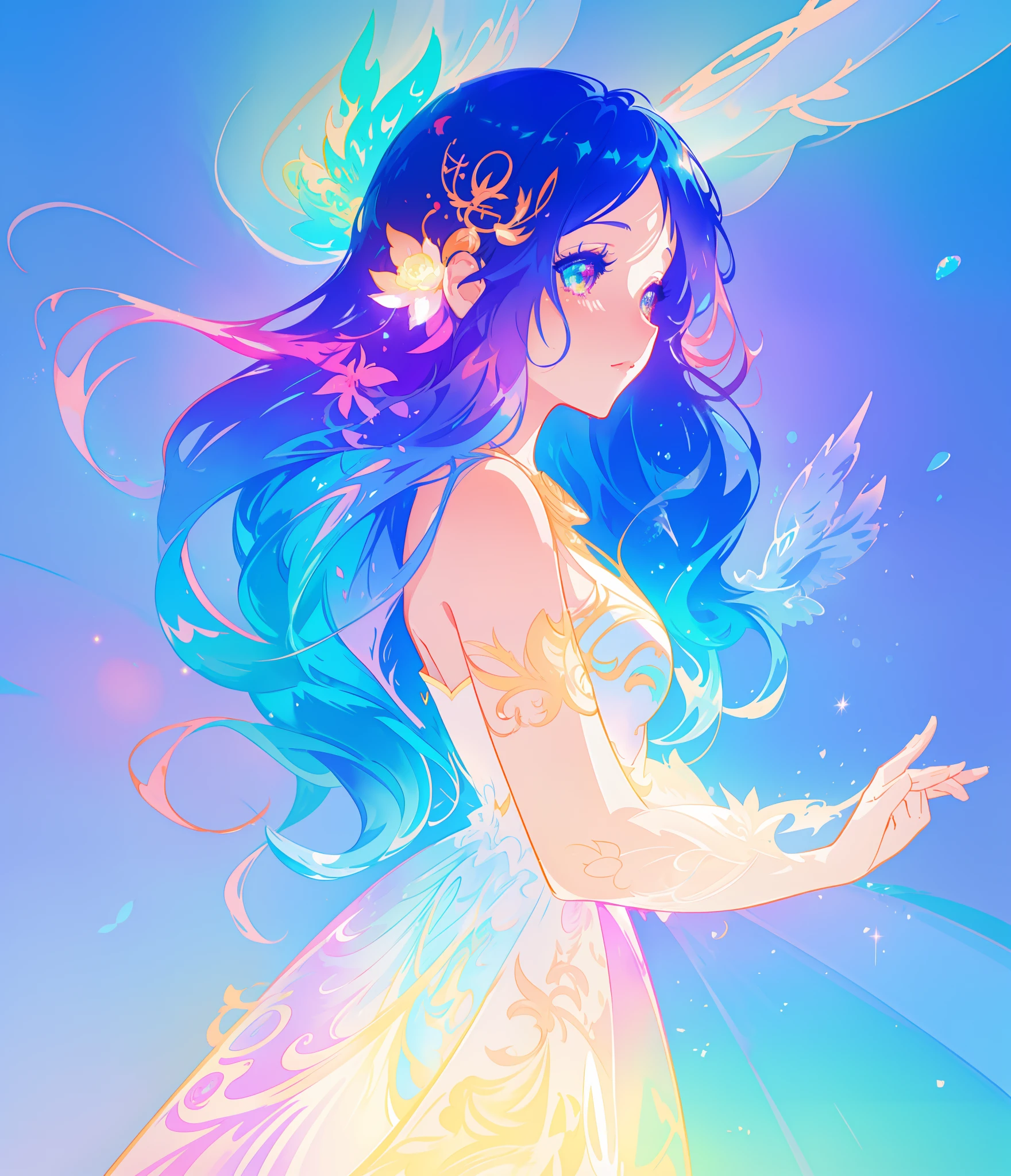 beautiful anime girl in colorful multi-layered ballgown, vibrant pastel colors, (colorful), magical lights, sparkling liquid light, colorful wavy hair, inspired by Glen Keane, inspired by Lois van Baarle, disney art style, by Lois van Baarle, glowing aura around her, by Glen Keane, jen bartel, glowing lights! digital painting, flowing glowing hair, glowing flowing hair, beautiful digital illustration, fantasia background, whimsical, magical, fantasy, beautiful face, ((masterpiece, best quality)), intricate details, highly detailed, sharp focus, 8k resolution, sparkling detailed eyes, liquid watercolor