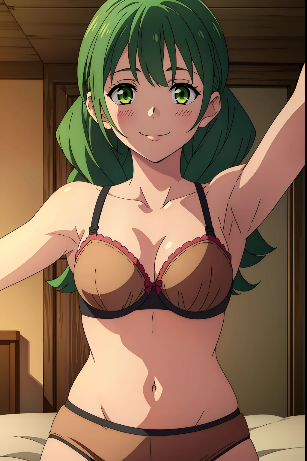 rishia, 1girl, solo, green hair, green eyes, beautiful face, medium breasts, seductive smile, (masterpiece:1.2), best quality, bedroom, underwear only, bra, blush, rishia, green hair, green eyes, mature female, looking at viewer, armpits, smile, medium breasts,