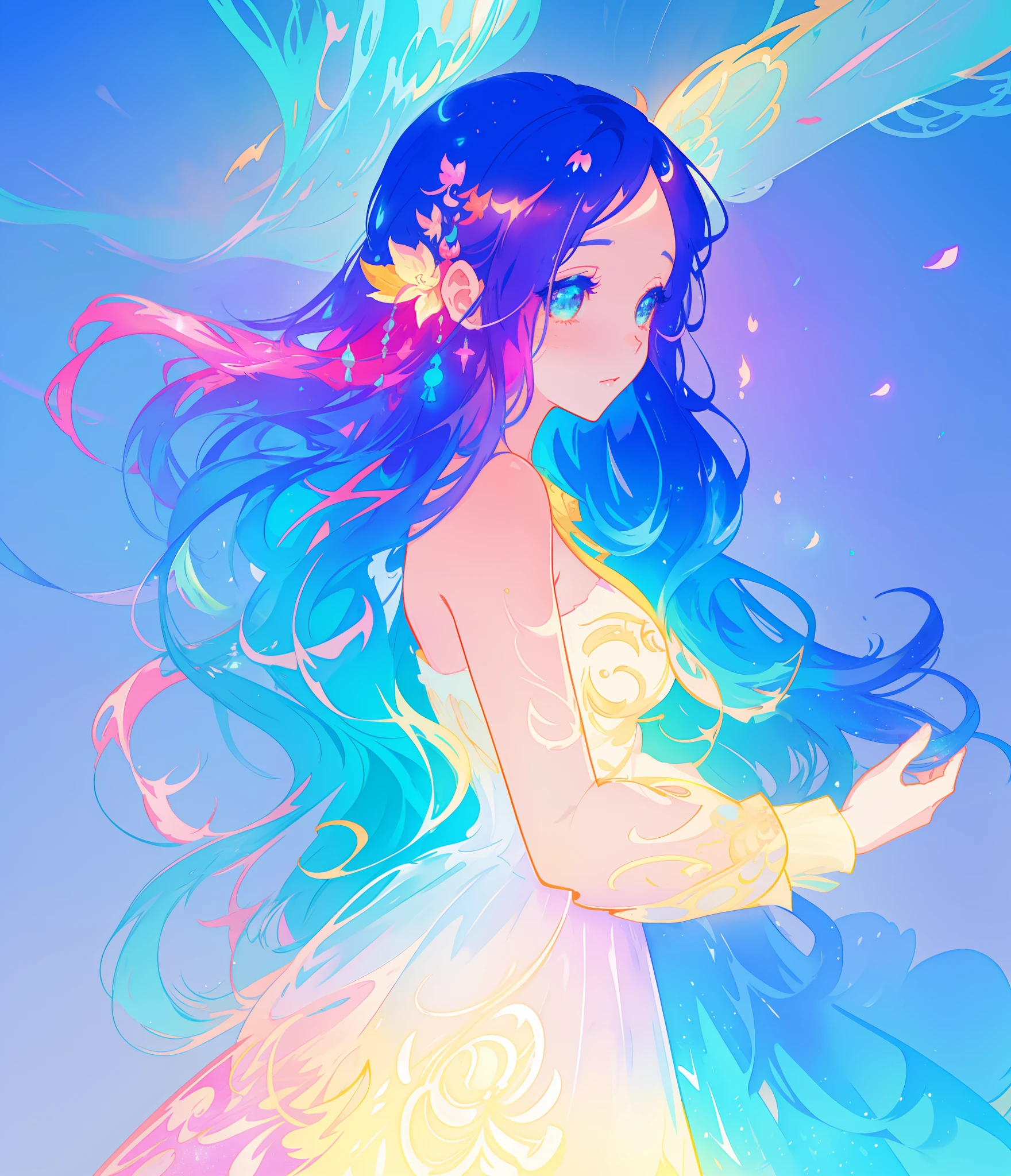 beautiful anime girl in colorful multi-layered ballgown, vibrant pastel colors, (colorful), magical lights, sparkling liquid light, colorful wavy hair, inspired by Glen Keane, inspired by Lois van Baarle, disney art style, by Lois van Baarle, glowing aura around her, by Glen Keane, jen bartel, glowing lights! digital painting, flowing glowing hair, glowing flowing hair, beautiful digital illustration, fantasia background, whimsical, magical, fantasy, beautiful face, ((masterpiece, best quality)), intricate details, highly detailed, sharp focus, 8k resolution, sparkling detailed eyes, liquid watercolor