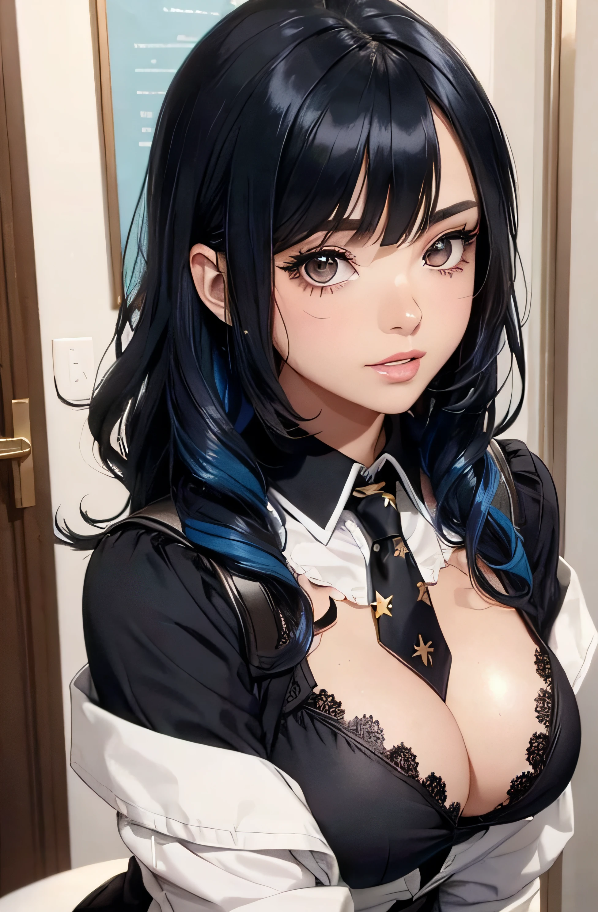 (A photo of upper body), Beautiful face, Highly detailed face and skin texture, (Detailed eyes), Brown eyes, Double eyelids, Thin eyebrows, Glitter eyeliner: 1.2, Natural cheeks, Shiny skin, Fair skin, (((with sexy schoolgirl costume))), (Shiny lips: 1. 4), (Seductive smile), (20 years old), (Wavy hair, Diagonal bangs), ((black and blue hair)), mid hair, ((Upper body shot)), ((Focus on chest and face)), Medium large breasts, Upturned breasts.