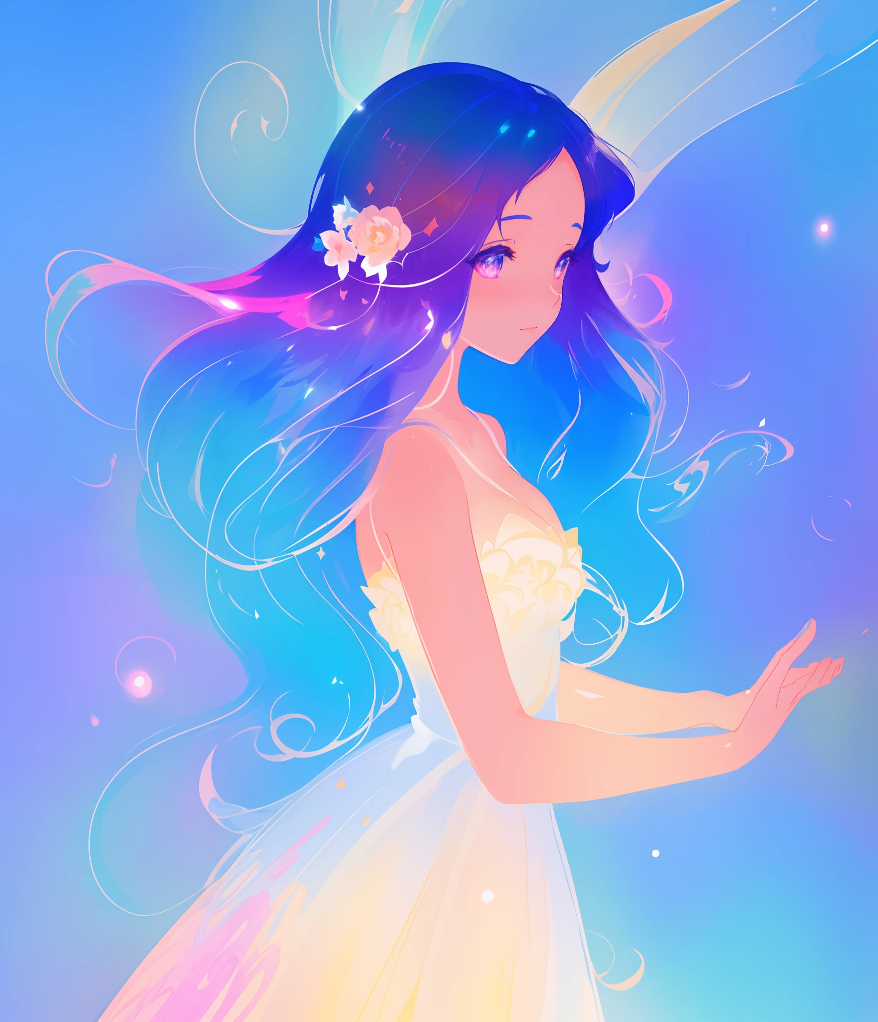 beautiful anime girl in colorful multi-layered ballgown, vibrant pastel colors, (colorful), magical lights, sparkling liquid light, colorful wavy hair, inspired by Glen Keane, inspired by Lois van Baarle, disney art style, by Lois van Baarle, glowing aura around her, by Glen Keane, jen bartel, glowing lights! digital painting, flowing glowing hair, glowing flowing hair, beautiful digital illustration, fantasia background, whimsical, magical, fantasy, beautiful face, ((masterpiece, best quality)), intricate details, highly detailed, sharp focus, 8k resolution, sparkling detailed eyes, liquid watercolor