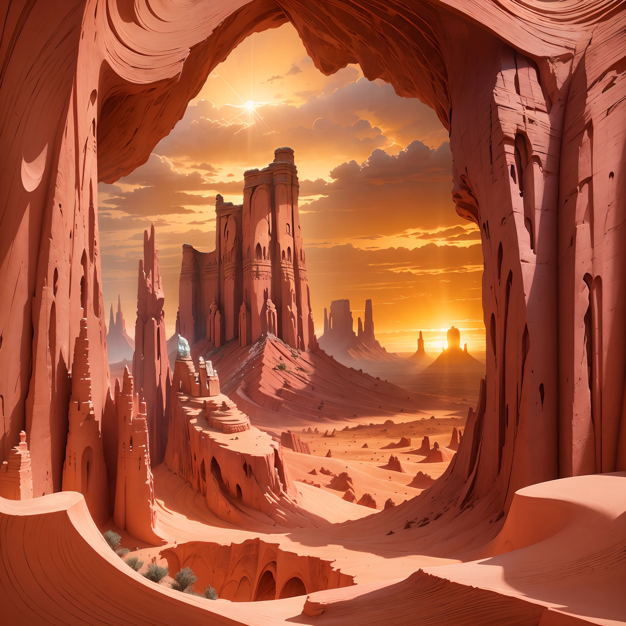 Paper carving:monument valley,Sunset,rock formations,Mesa Bhikkhu,Towering cliffs,clouds,A desert.(Surrealist dream style), Light tracing, Environmental shielding, Hazy, Natural light,