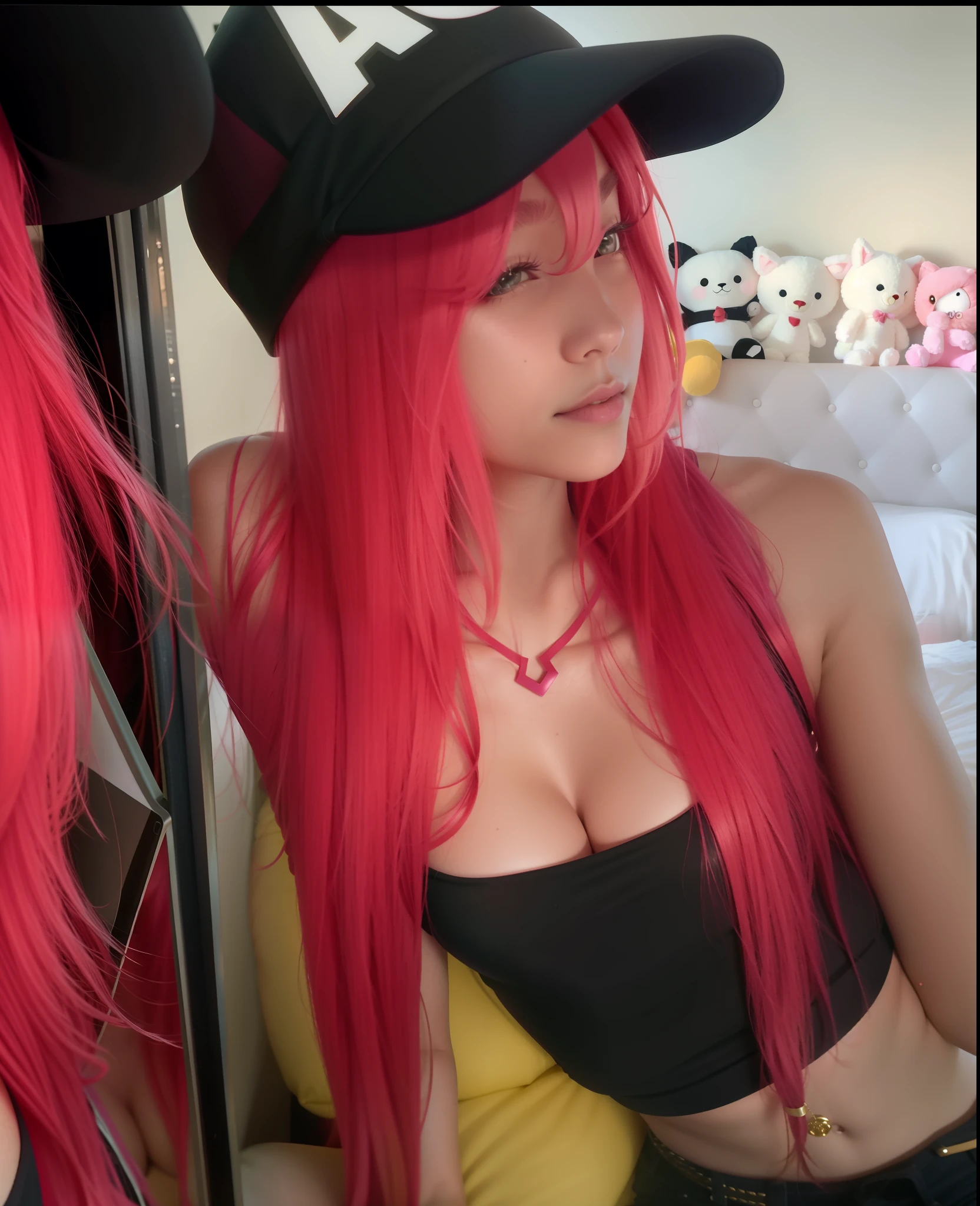 there is a woman with red hair wearing a black hat, red wig, long bubblegum hair, long pink hair, with long red hair, pink straight hair, anime girl in real life, with pink hair, huge pink hair, long flowing pink hair, red long hair, anime vibes, black top, perfect skin, fuller round lips, perfect eyebrows, perfect nose, breast, cleavage, she in her room, plushies in the background, she is posing for a selfie, perfect tone skin, tone body, 8K, Top Quality, Intricate Details, Ultra Detail, Ultra High Resolution, masterpiece, cinematic, realism, not staring at the camera, darker skin, tan skin, American girl, white race girl