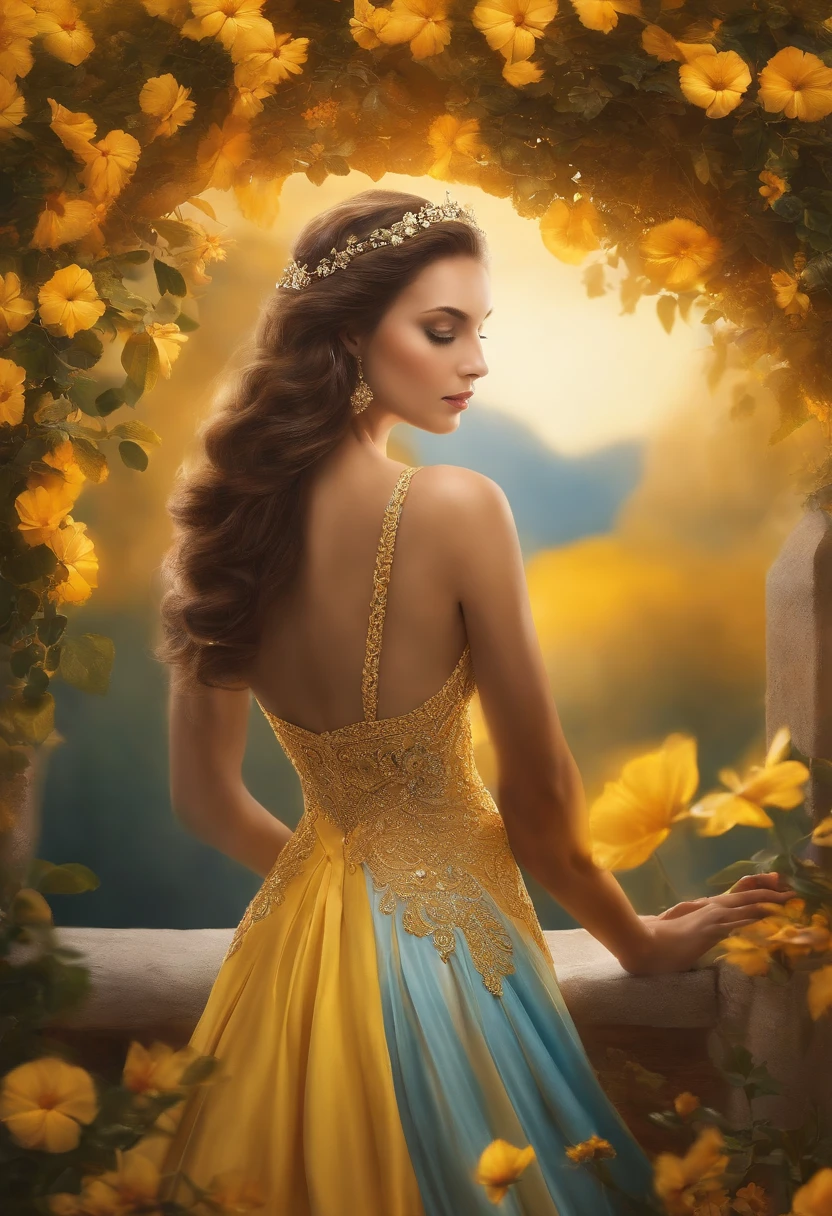 adolecente, cabello plateado, ojos verdad, vestido amarillo, brazos abiertos, el sol atras de la adolecente, cielo azul , con flores en el suelo , adolecente elvandose al cielo con el sol en la espalda