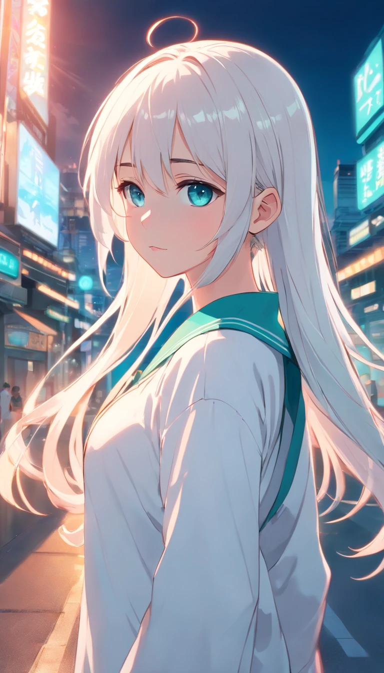 young girl, teal eyes, white clothes, long white hair with pigtails, big chest, brave, shy.