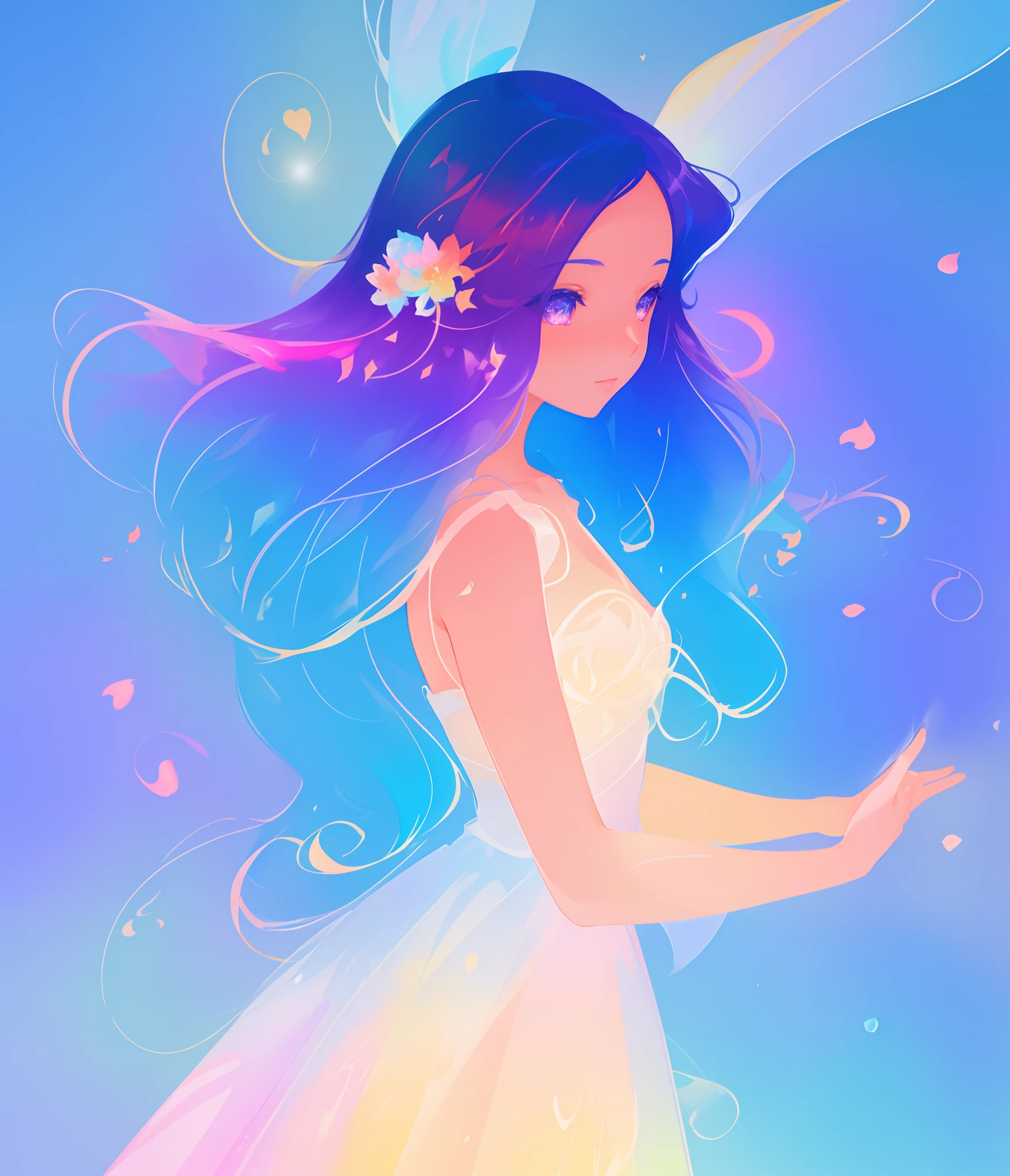 beautiful anime girl in colorful multi-layered ballgown, vibrant pastel colors, (colorful), magical lights, sparkling liquid light, colorful wavy hair, inspired by Glen Keane, inspired by Lois van Baarle, disney art style, by Lois van Baarle, glowing aura around her, by Glen Keane, jen bartel, glowing lights! digital painting, flowing glowing hair, glowing flowing hair, beautiful digital illustration, fantasia background, whimsical, magical, fantasy, beautiful face, ((masterpiece, best quality)), intricate details, highly detailed, sharp focus, 8k resolution, sparkling detailed eyes, liquid watercolor
